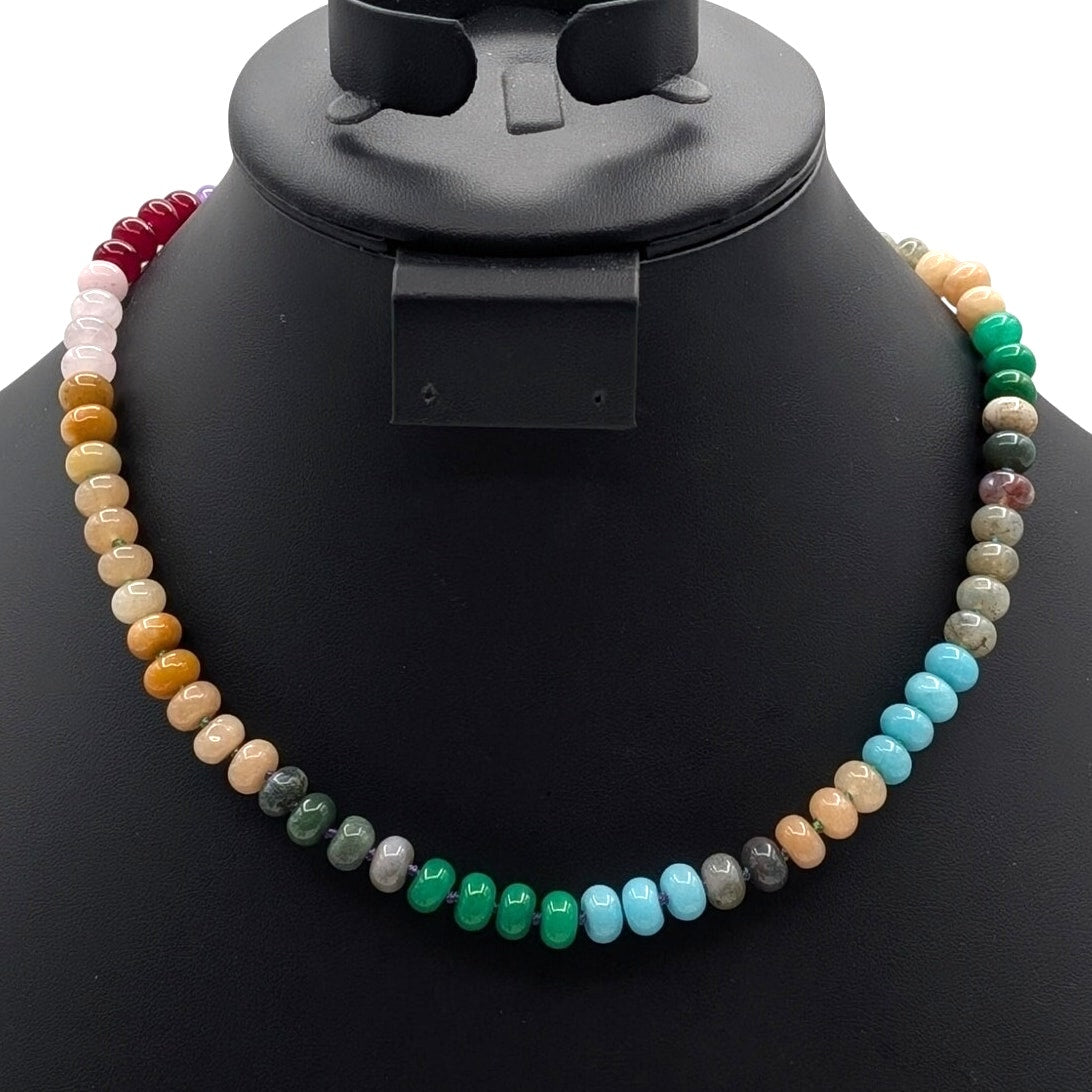 Colorful Natural Gemstone Hand-Knotted Bead 14K Gold Plated Clasp 18" Necklace