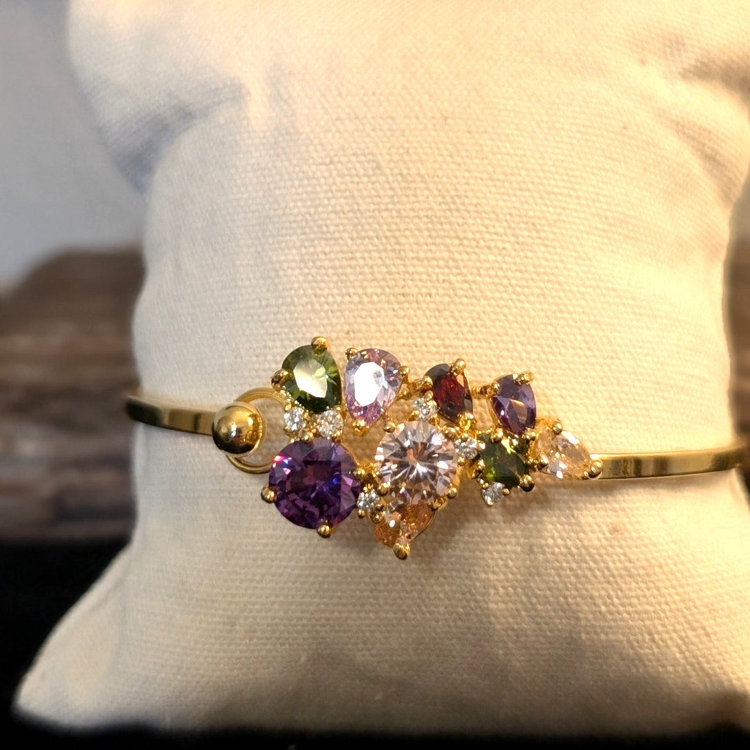 Gold Tone Multi-Color Crystal/CZ Stone Cluster Bangle Bracelet