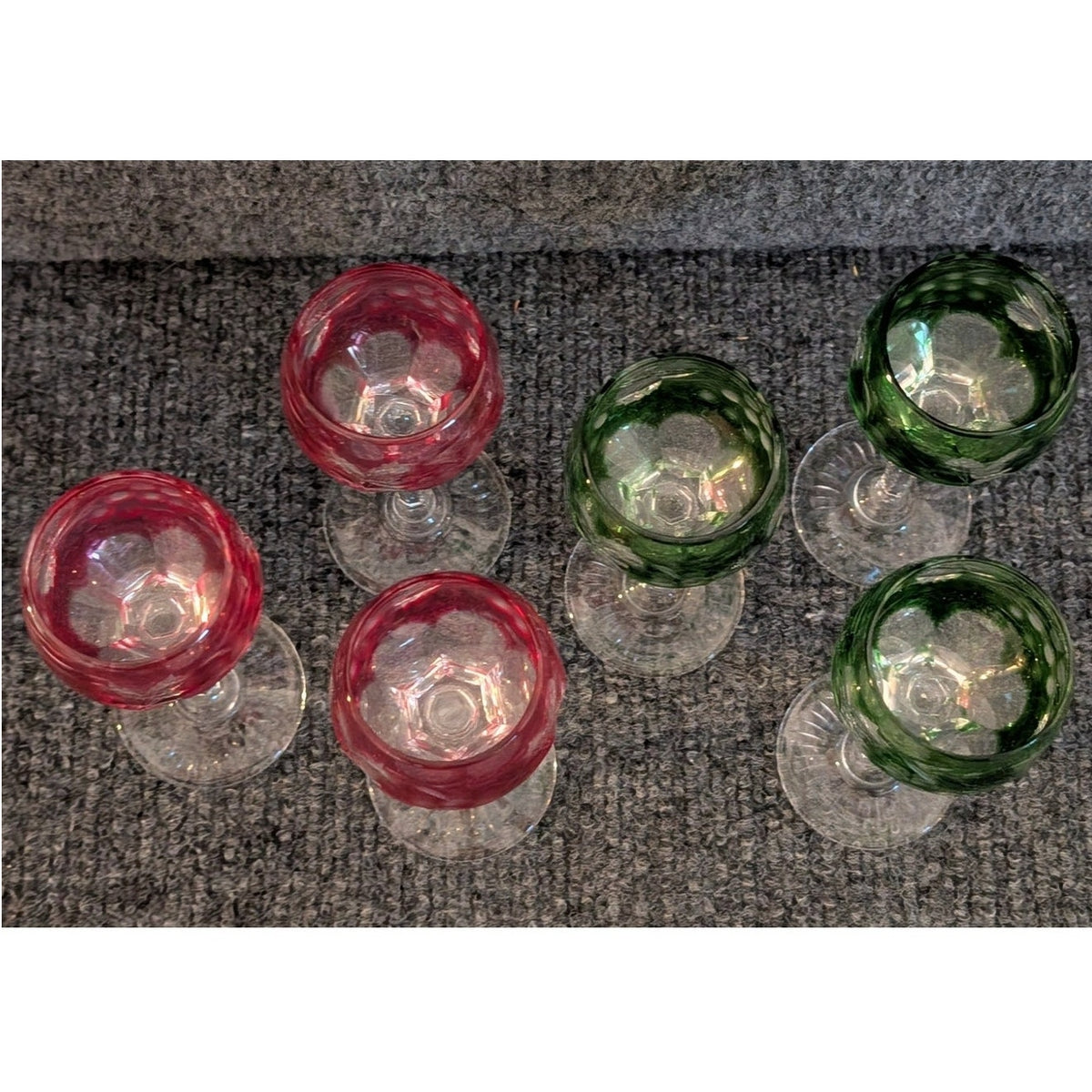 Vtg Czech Bohemian 3 Cranberry & 3 Green Cut to Clear Crystal Cordials Set of 6