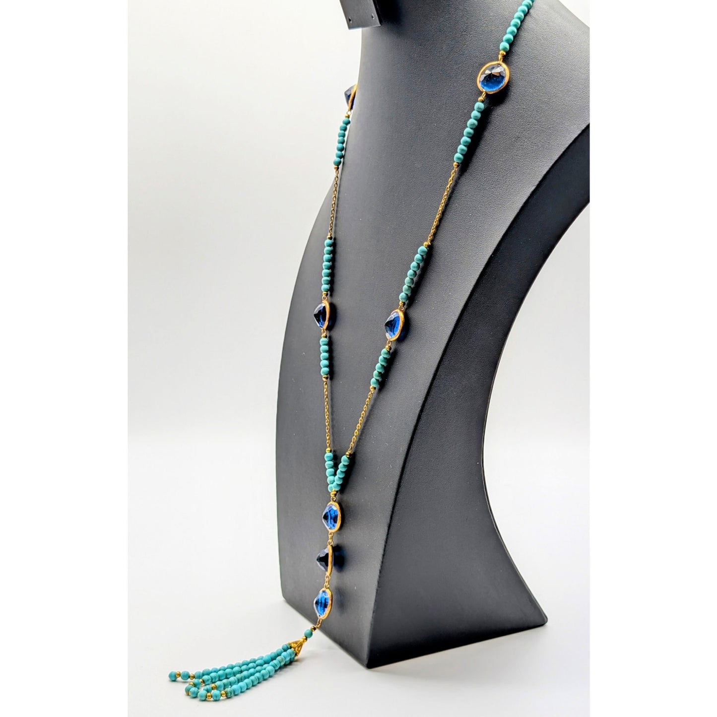 Dyed Howlite Sapphire Glass Gold Tone Bezel Set Tassel Slip Over 28" Necklace
