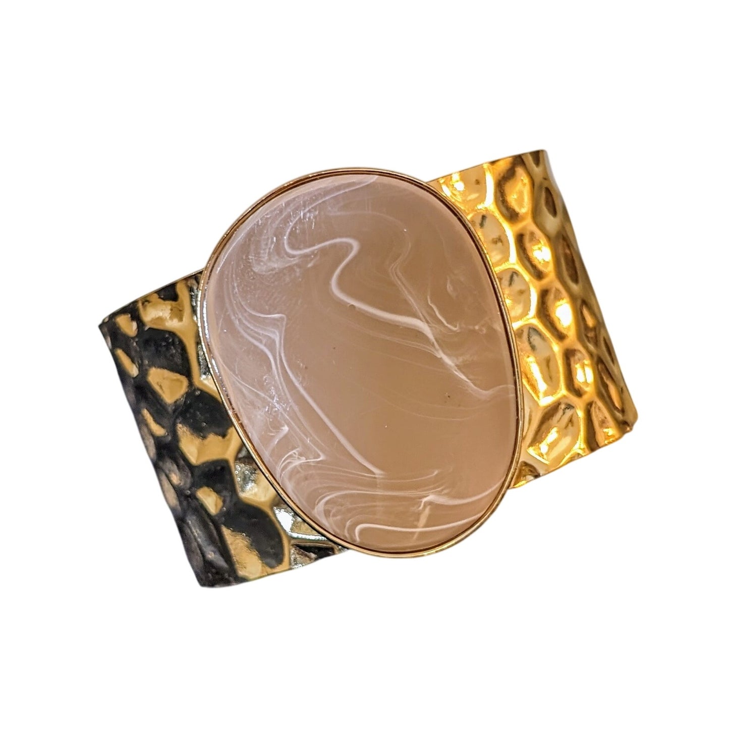 Hammered Gold Tone Cuff W/ Bezel Set Tan Swirl Faux Stone