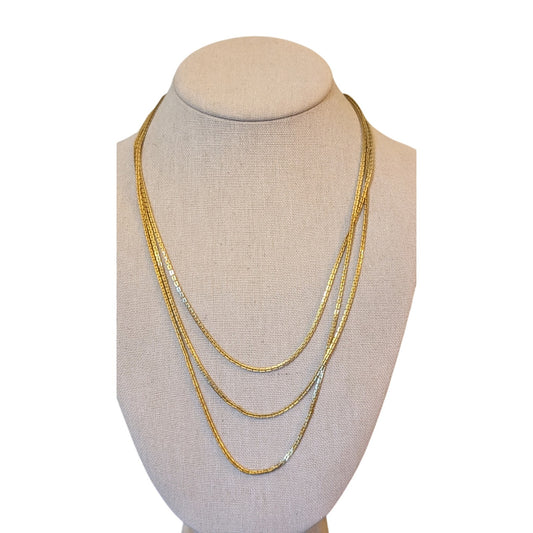 Vintage Three Strand Rectangle Chain Link Gold Tone Necklace