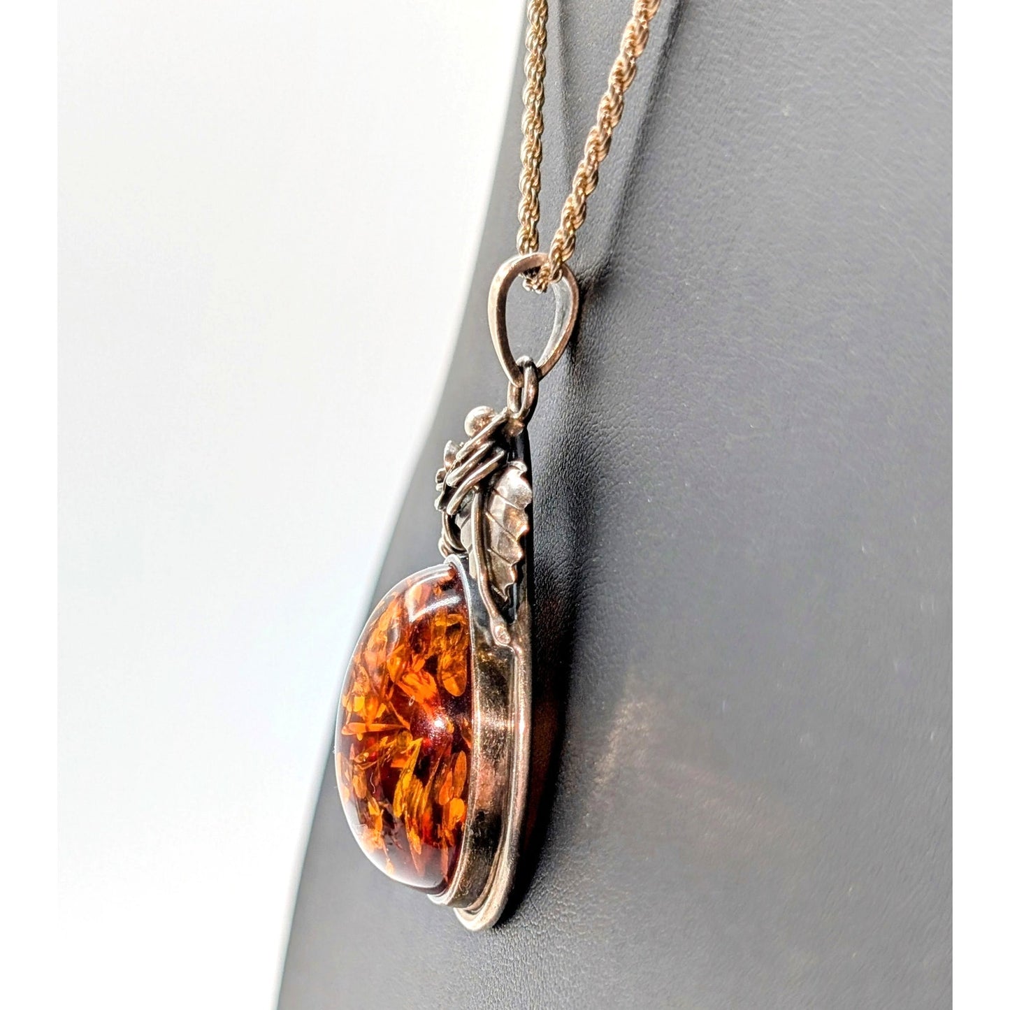 Vintage Large Baltic Amber Sterling Silver Rose Leaf Design Pendant Necklace
