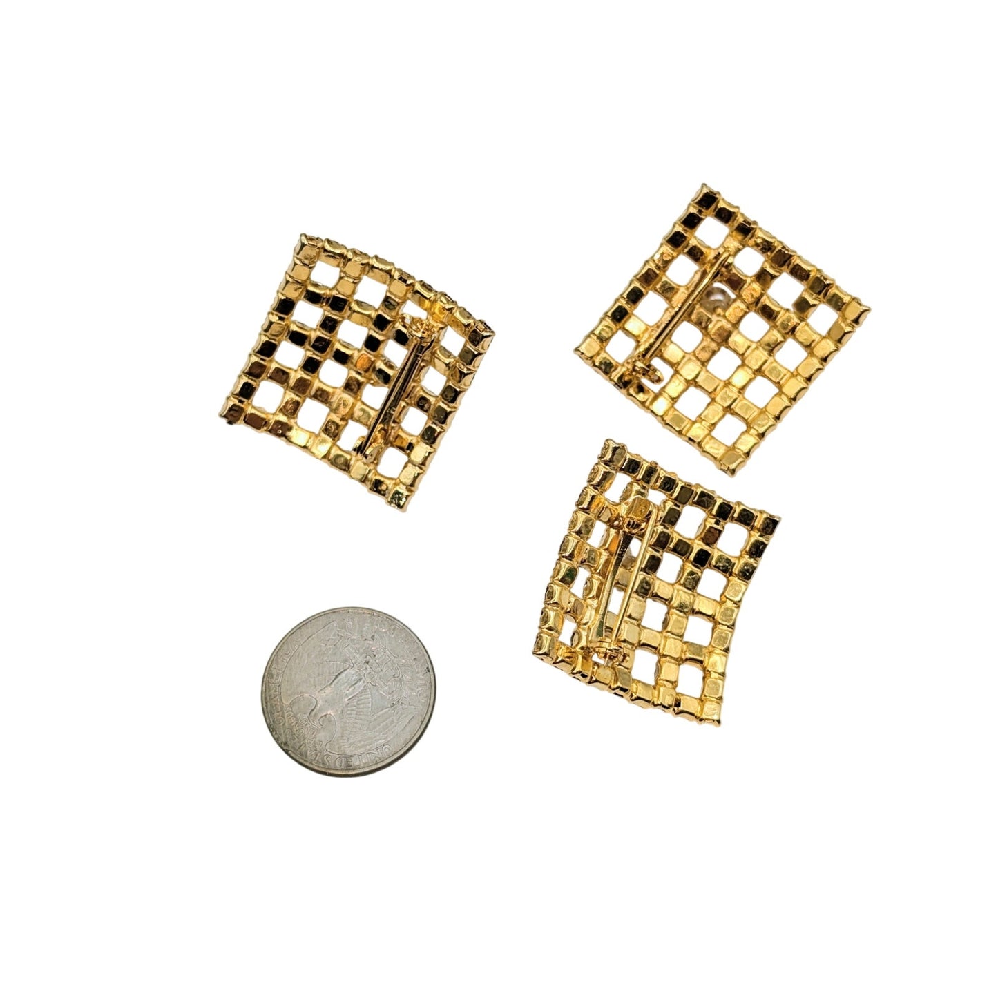 Lot of Three Vtg Gold Tone Red Crystal Lattice Square Floating Pearl Brooches
