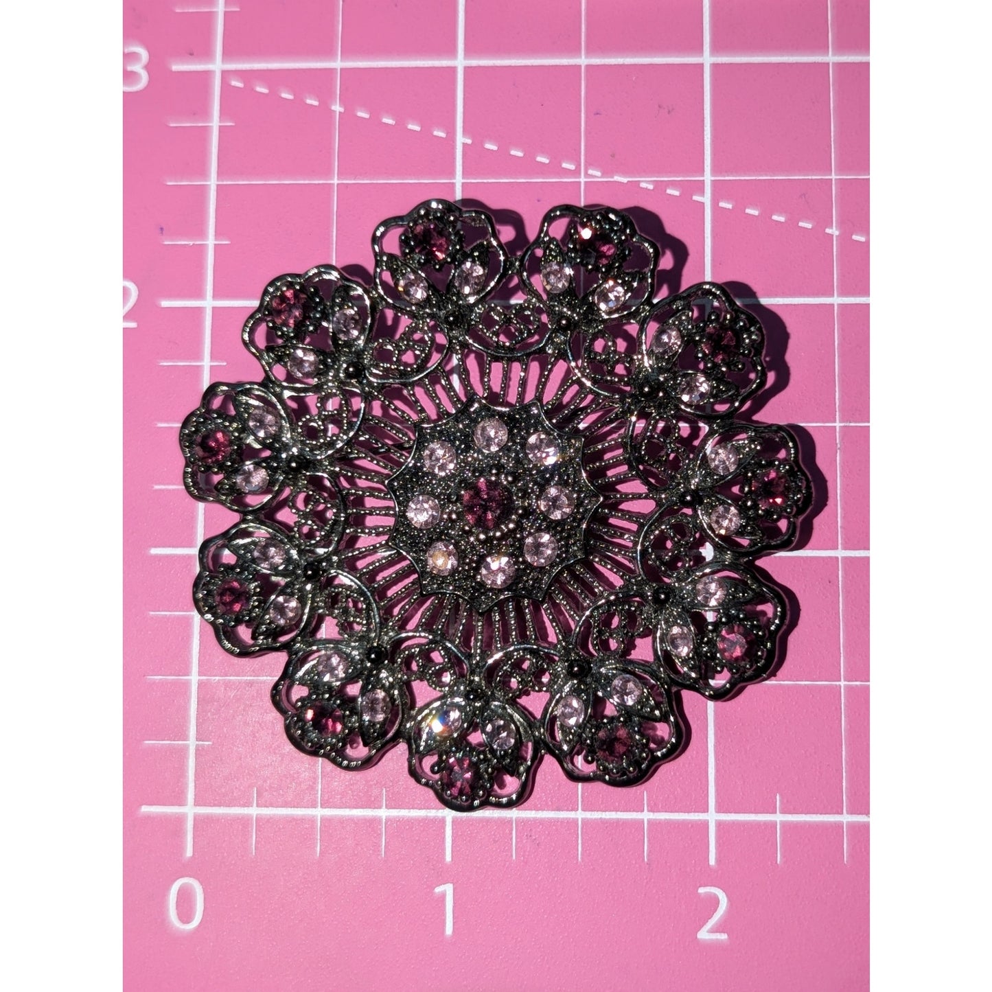 Gun Metal Filigree Pink Maroon Rhinestone Brooch