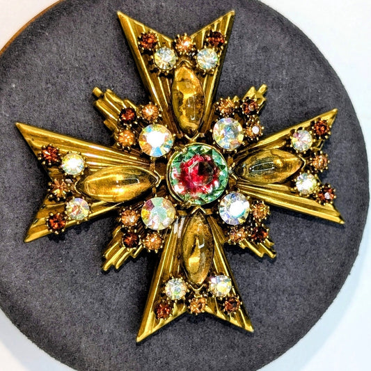 Vintage Florenza Watermelon Maltese Cross Rhinestone Art Glass Brooch Pendant