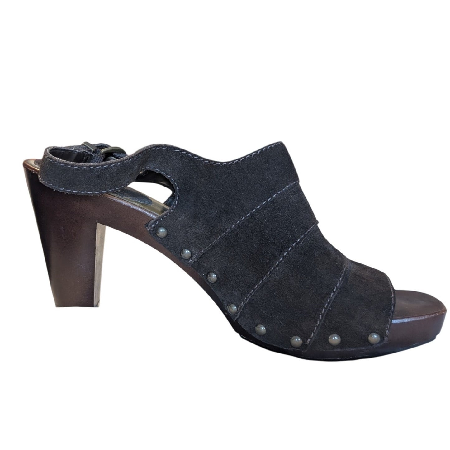 A.N.A. Brown Suede Open Toe Sling Back Chunky Heel Gunmetal Stud Sandal Sz 8.5
