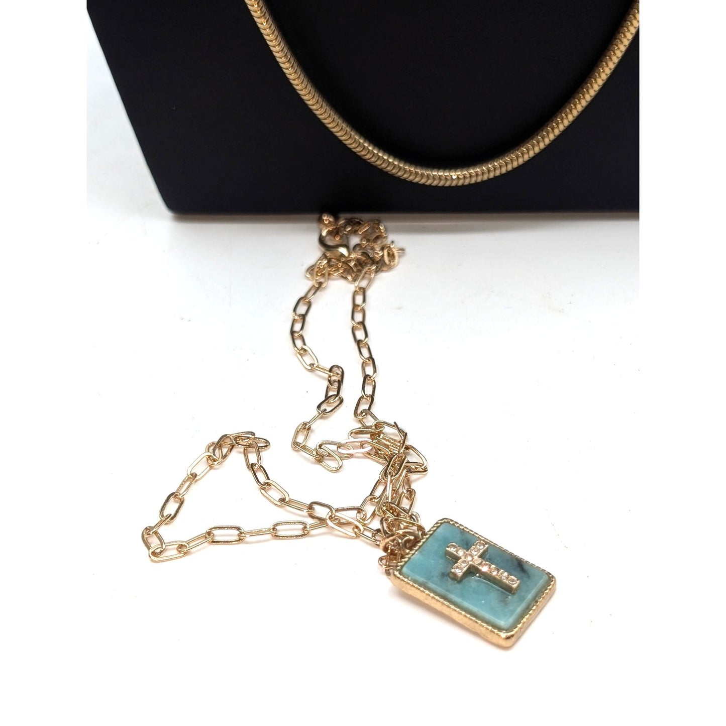 Lot of 4 Gold Tone Necklaces-Short Pearl Long Pearl Long Snake Chain & Cross