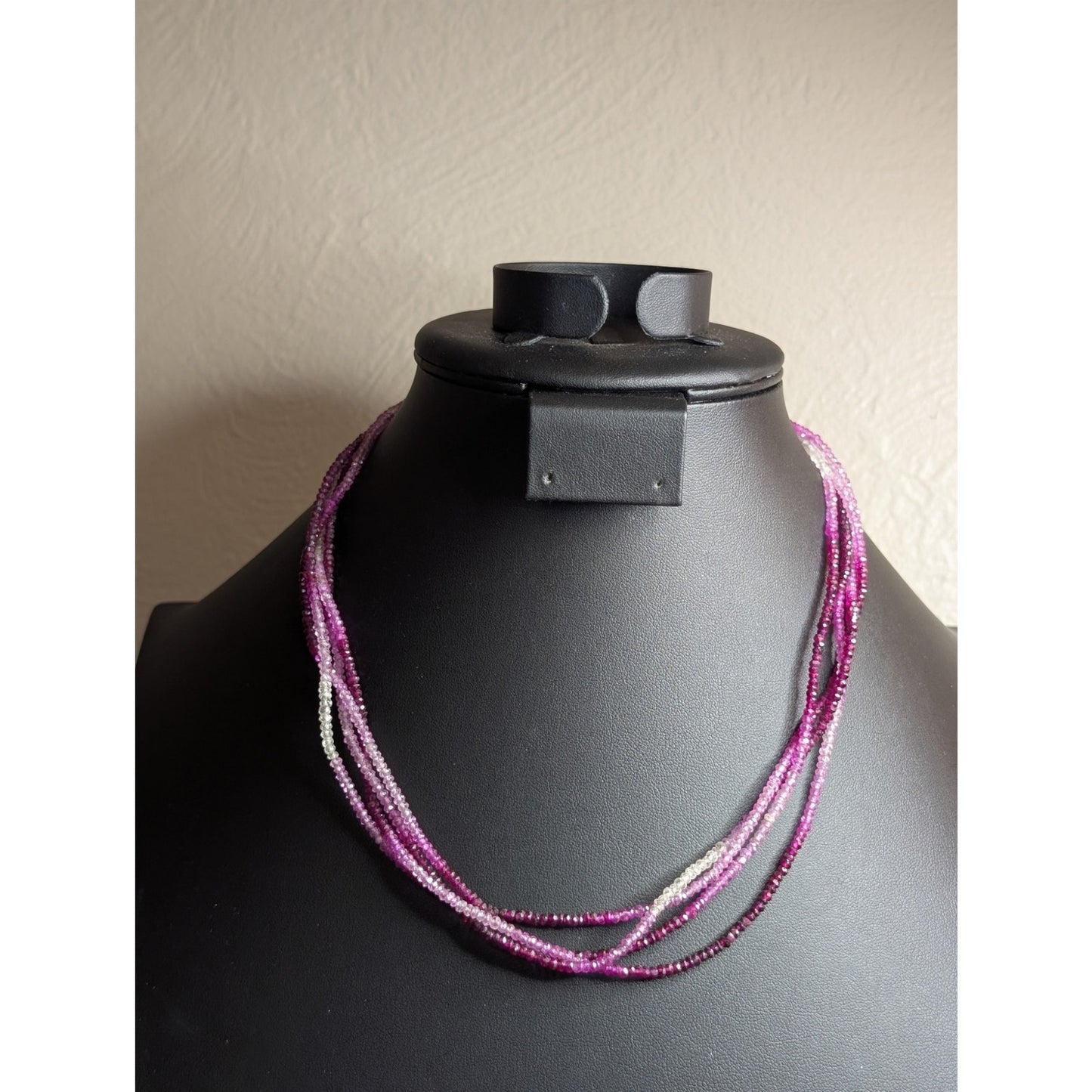 Natural Ombre Pink Spinel Gemstone Beaded 4-Strand Hook Clasp 19" Necklace