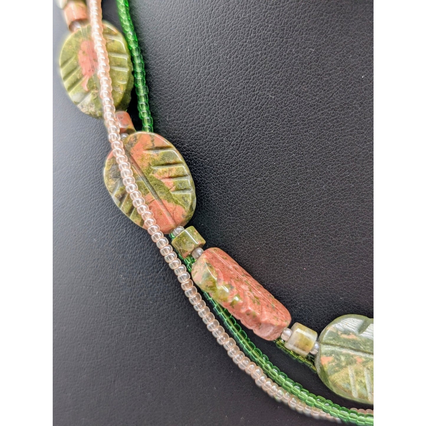 925 Sterling Silver Carved Unakite Stone Multi-Strand Seed Bead Necklace