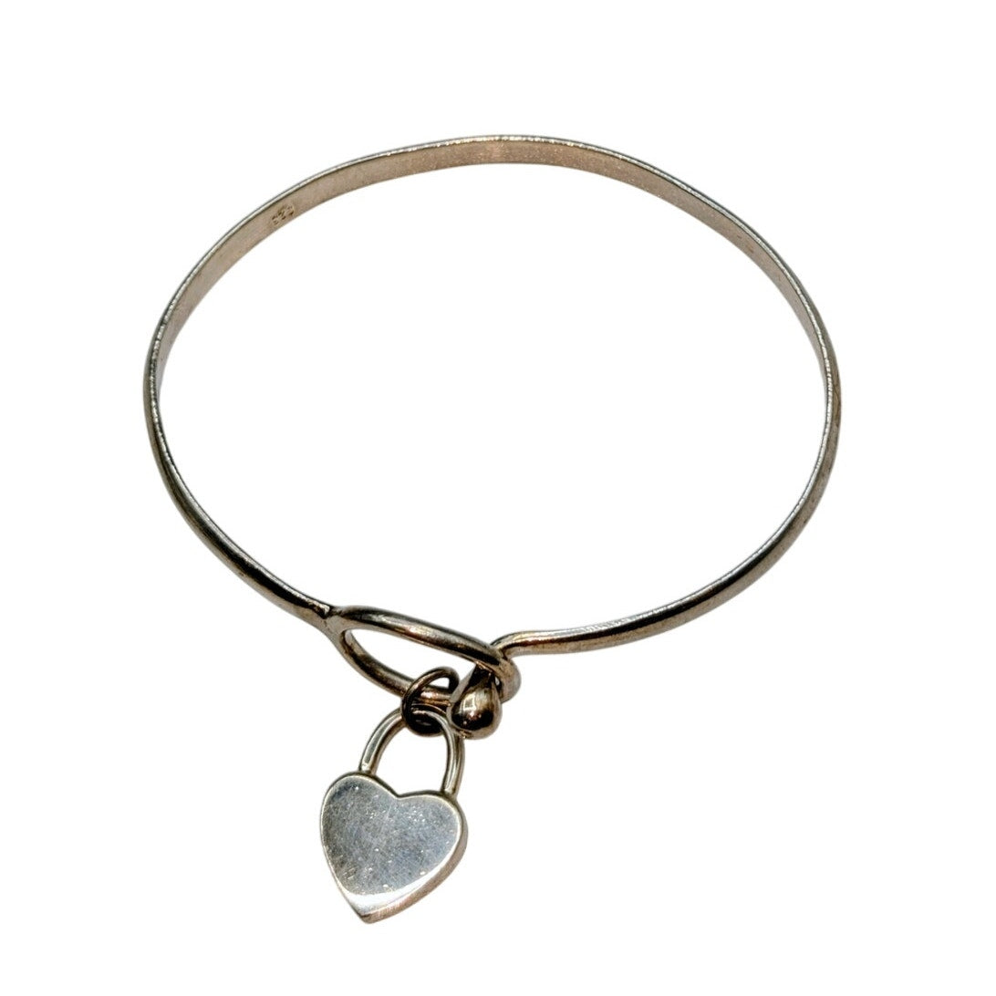 Vintage 925 Sterling Dangle Heart Charm Ball Hook Clasp Bangle Bracelet