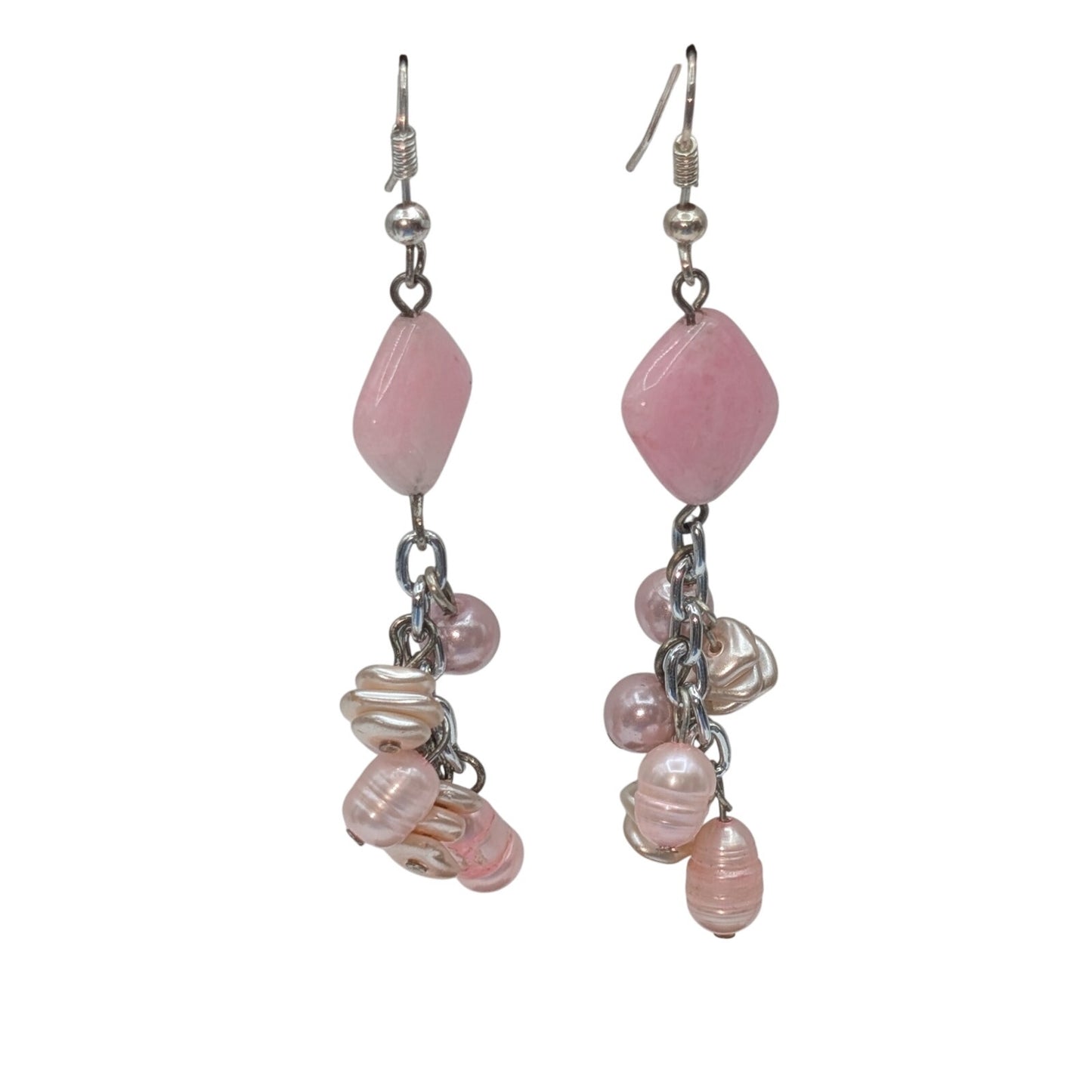 Silver Tone Pink Stone Pink Pearl Cluster Dangle Earrings
