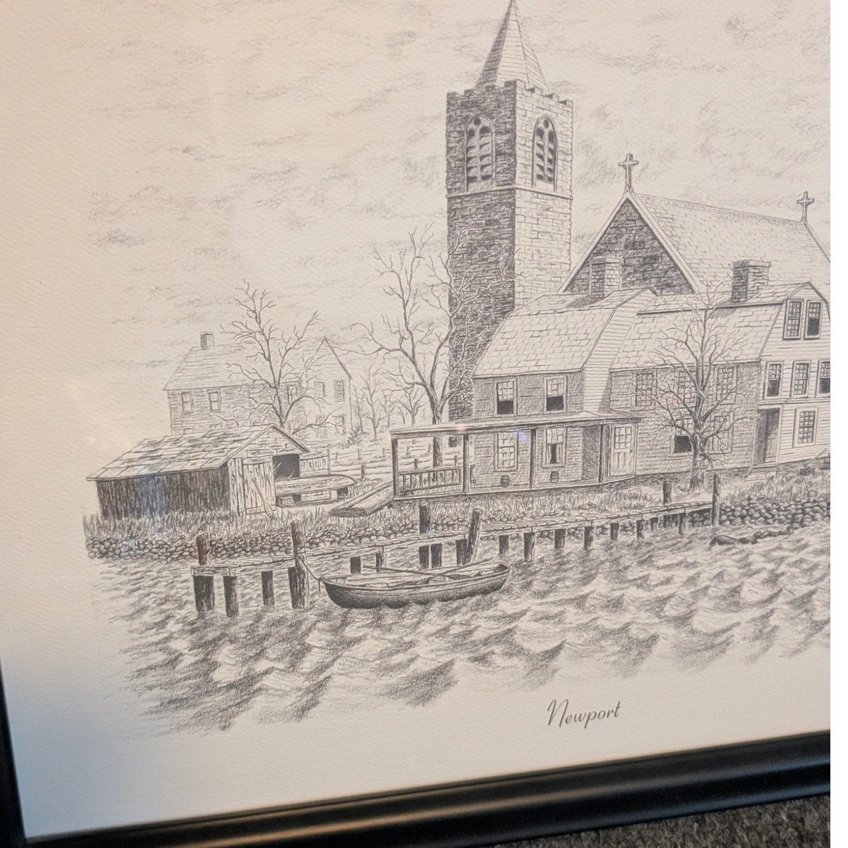 Original Artist Bruce Reynolds Signed Black Wood Frame Pencil Drawing 'Newport'