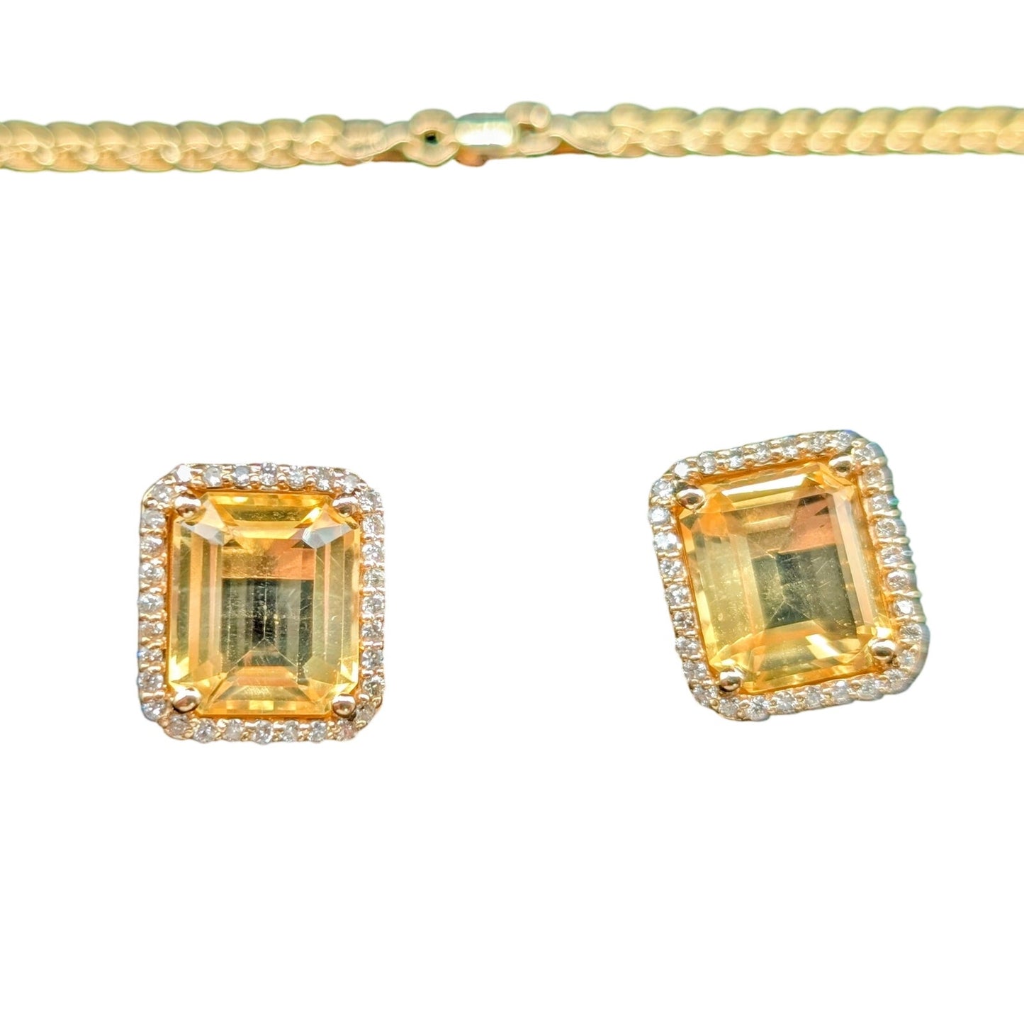 14K Yellow Gold Citrine & Diamond Necklace & Pierced Earring Jewelry Set 25.35g