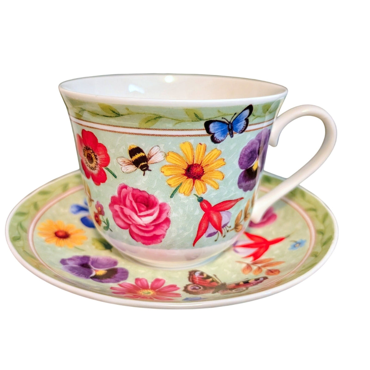 Vtg Roy Kirkham Bone China Summer Scents 2000 14 oz Breakfast Mug Saucer Set