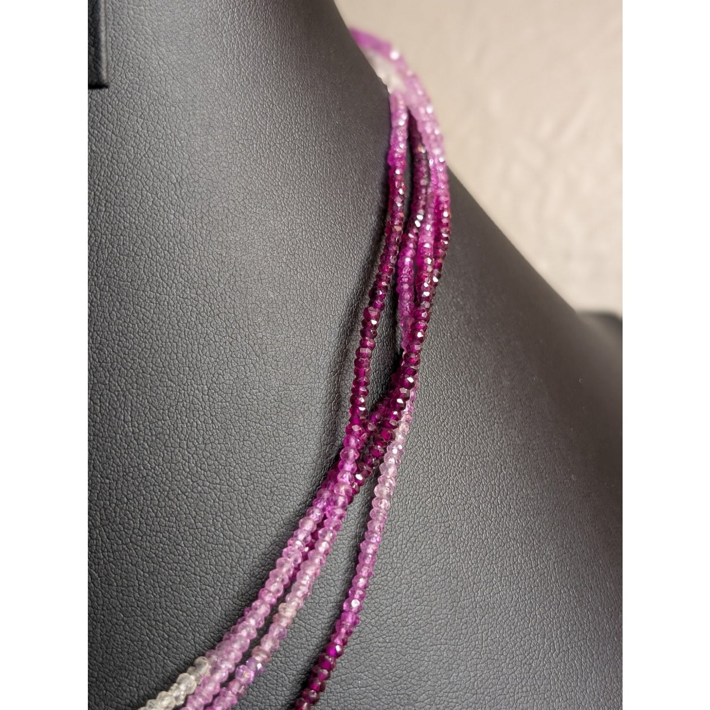 Natural Ombre Pink Spinel Gemstone Beaded 4-Strand Hook Clasp 19" Necklace