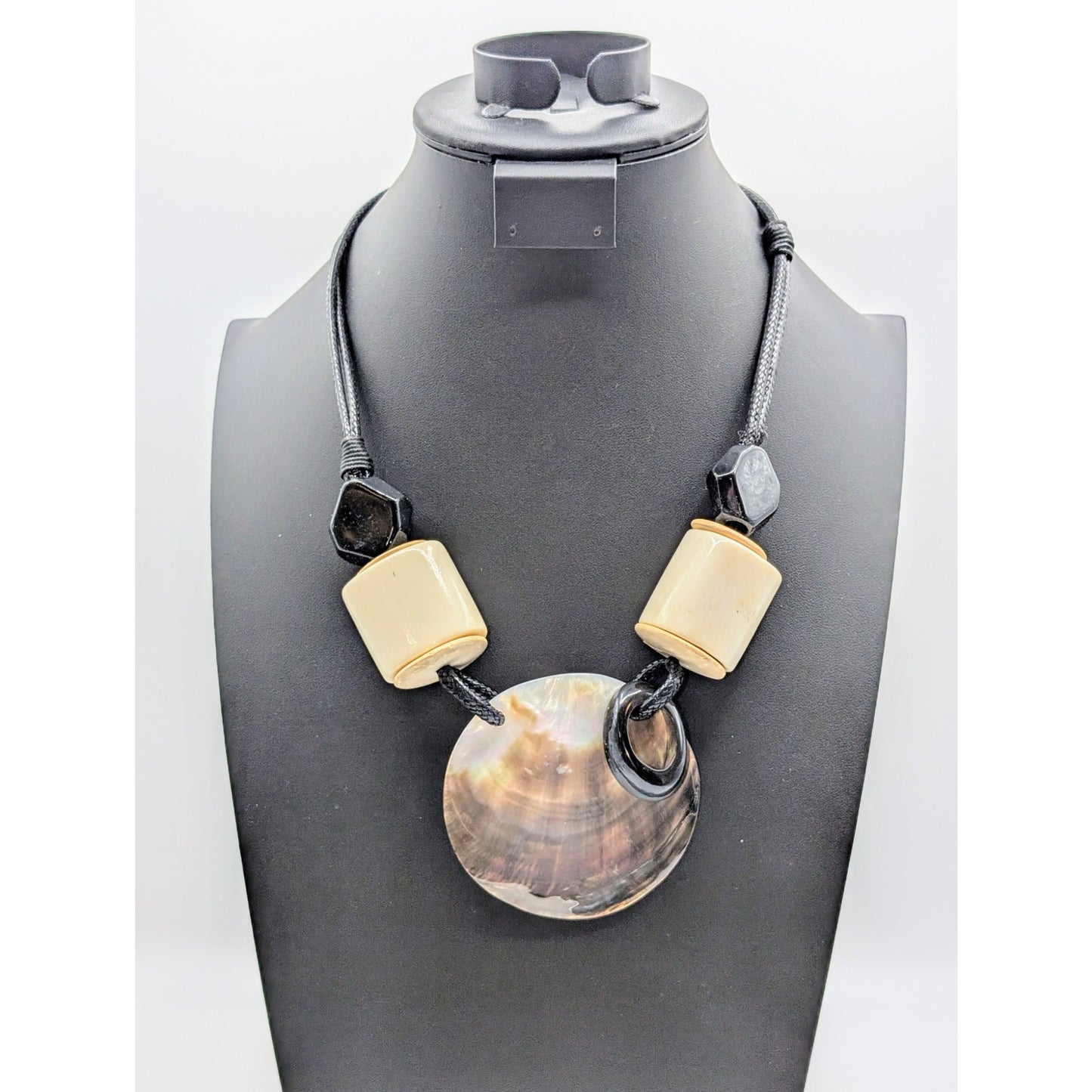 Chunky Barrel Bead Large Shell Pendant Avant Garde Corded 21.5"-24.5" Necklace
