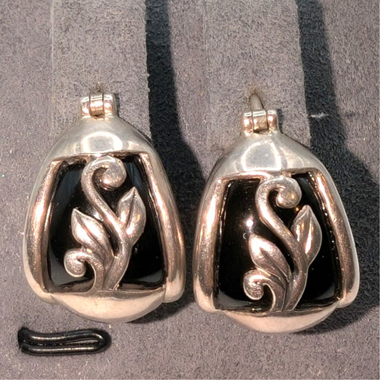 Vintage Thai Sterling Silver Black Onyx Floral Overlay Huggie Earrings