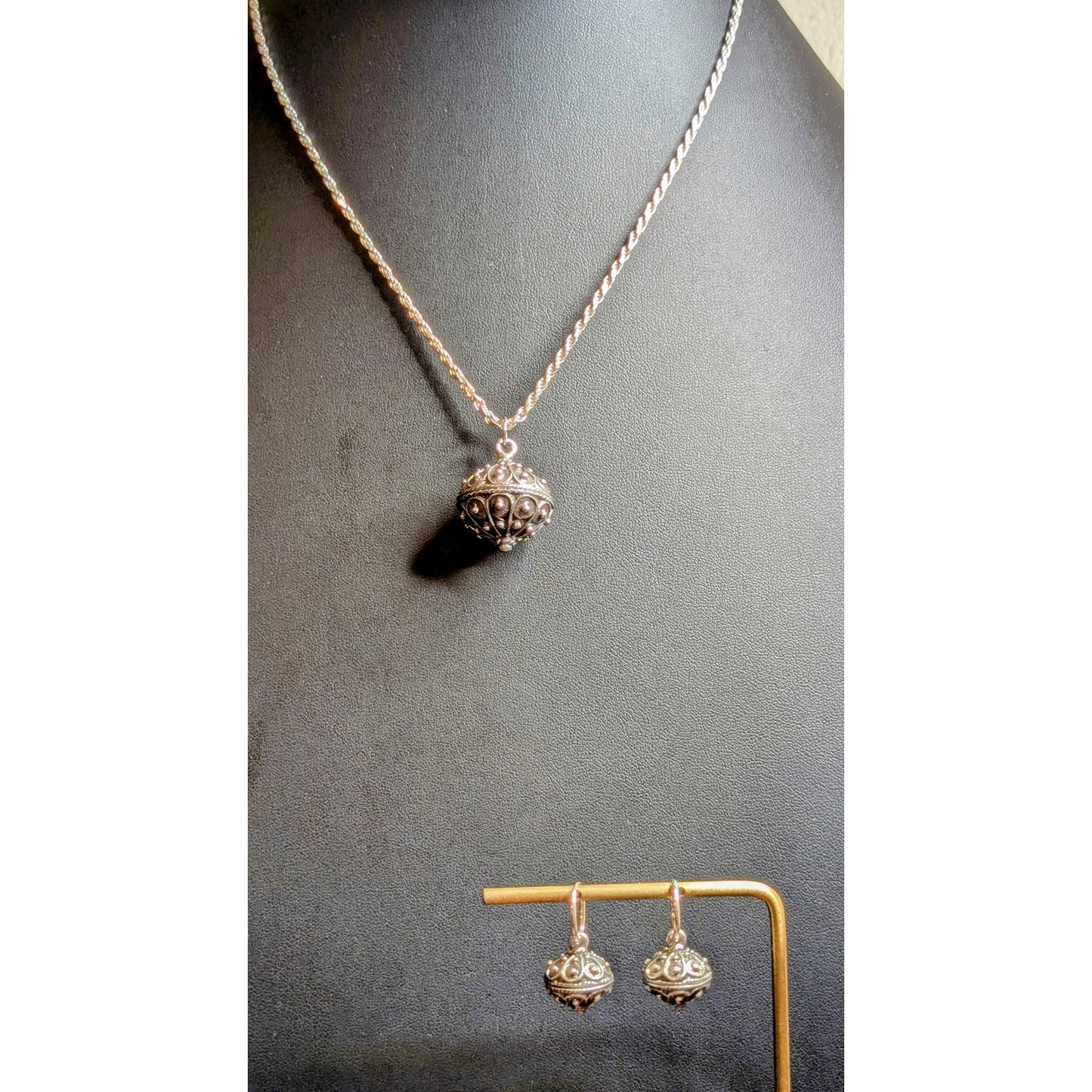 VTG 925 Italy SS Rope Chain Bali Ball Pendant & Hoop Dangle Earring Set 24.39g