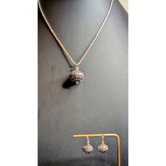 VTG 925 Italy SS Rope Chain Bali Ball Pendant & Hoop Dangle Earring Set 24.39g