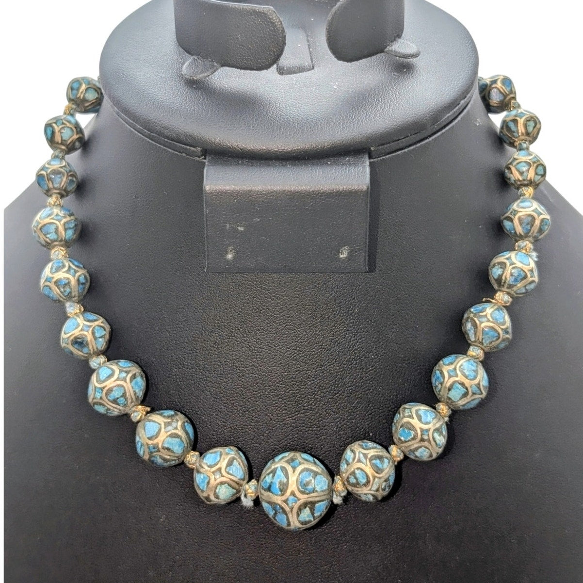 Antique Hand Made Ethnic Turquoise Inlay Non-Magnetic Graduated Bead Necklace