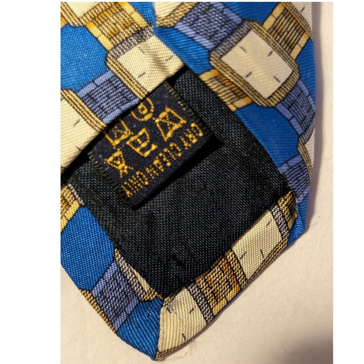 Piaget Silk Vintage 100% Silk Blue Gold Geometric Design Neck Tie