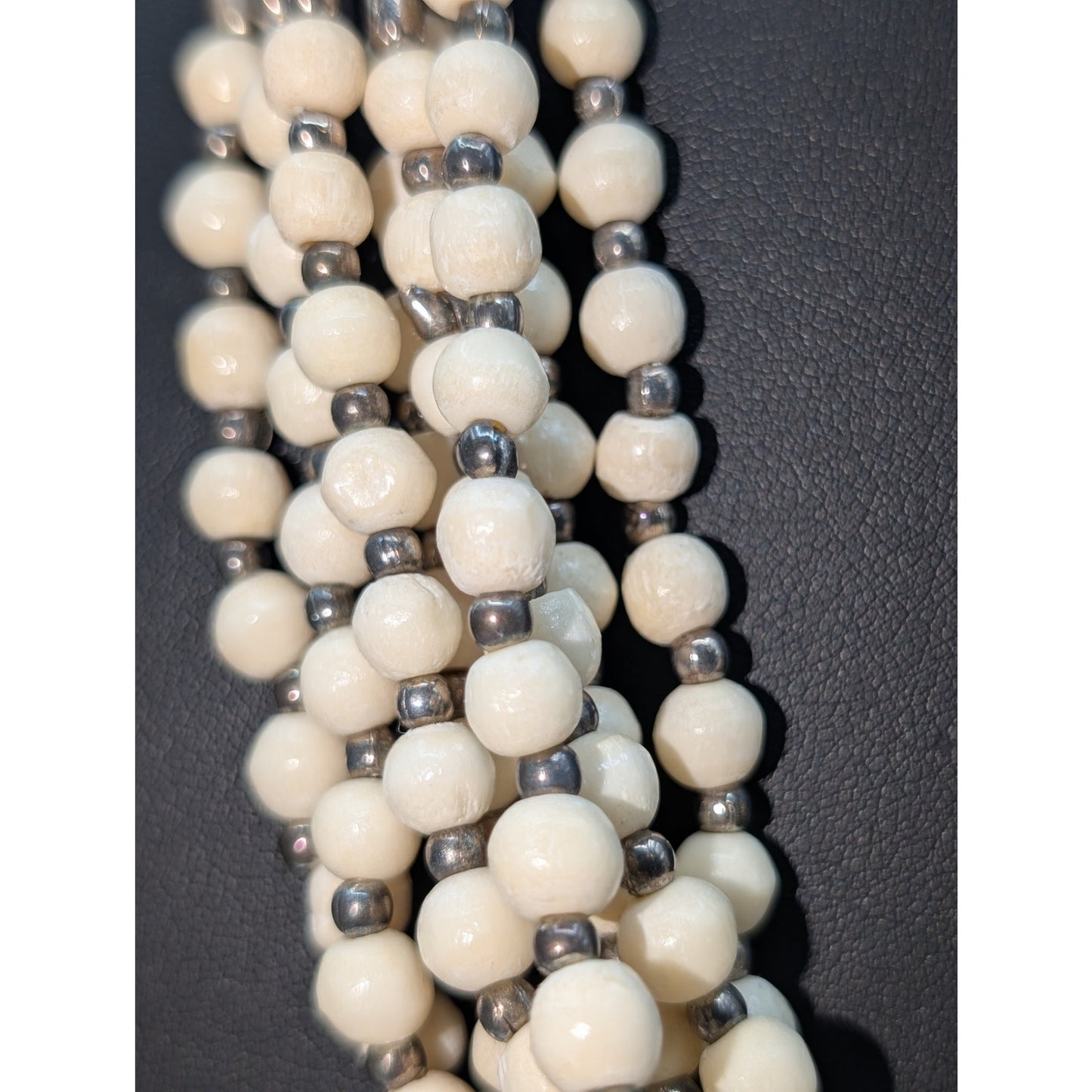 VTG Off White & Silver Bead Multi-Strand Egyptian Tribal Hook Clasp Necklace