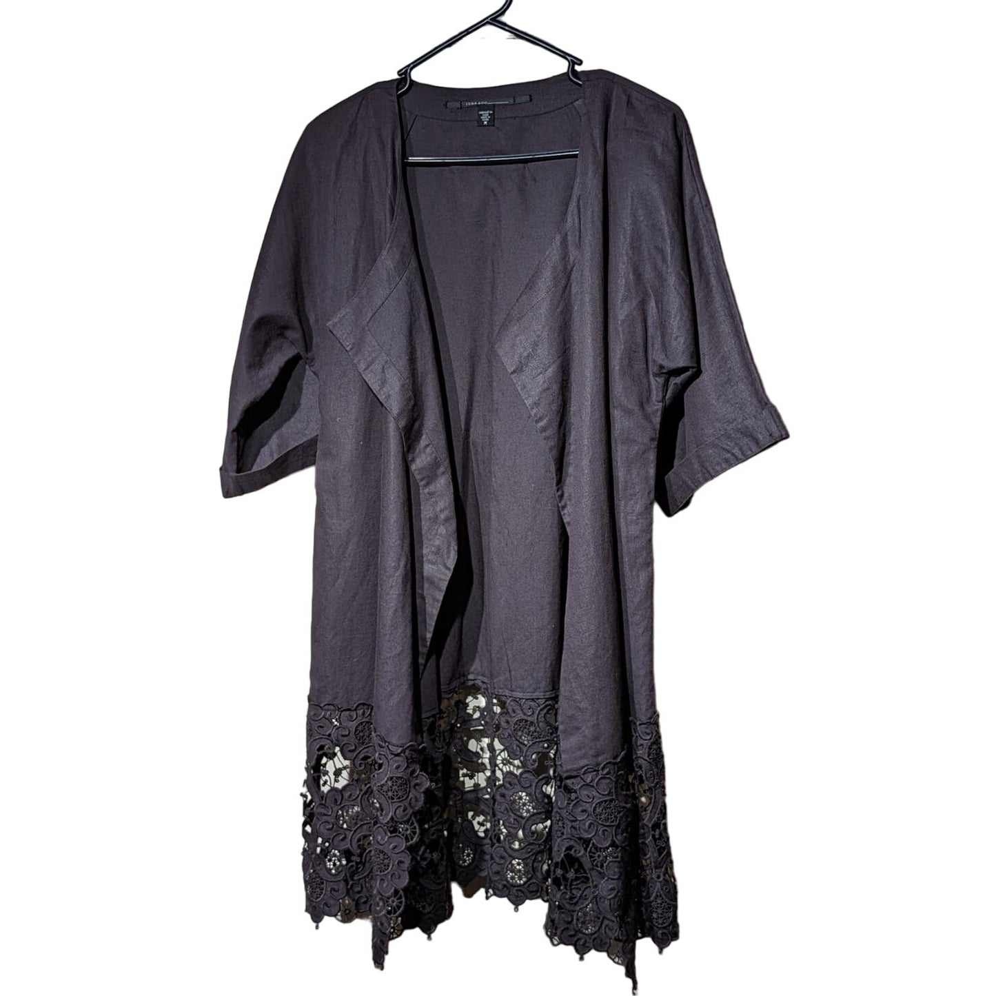 Isda & Co Dark Chocolate Brown Lightweight Wide Lace Hem Open Front Jacket Sz M
