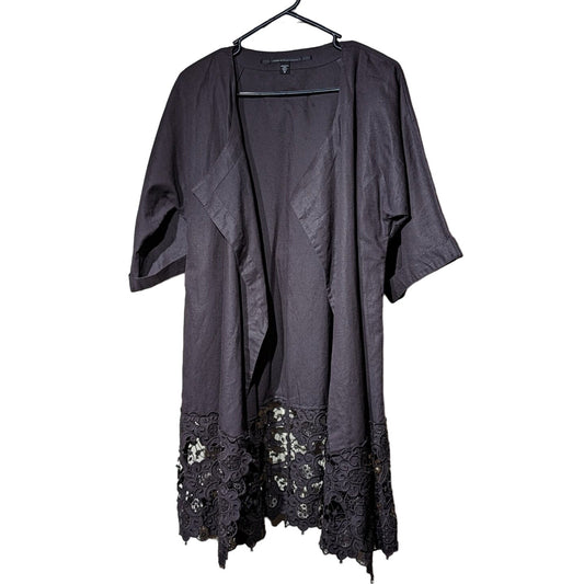 Isda & Co Dark Chocolate Brown Lightweight Wide Lace Hem Open Front Jacket Sz M