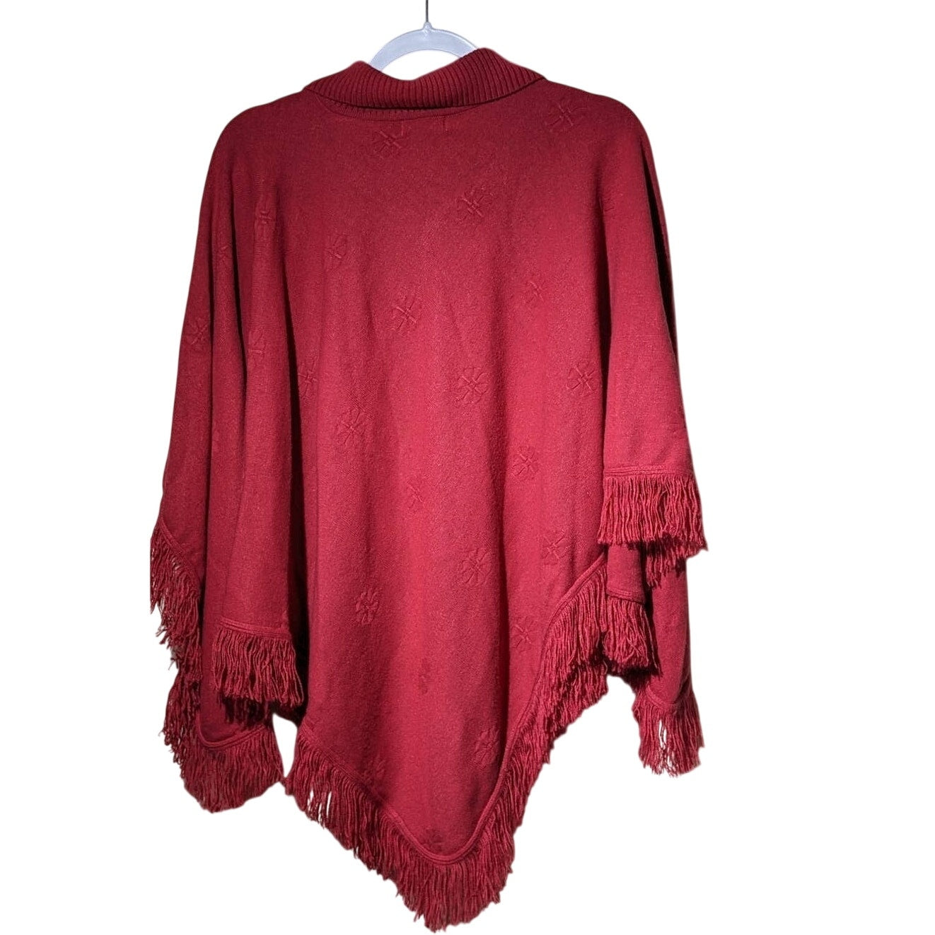 Alexia Brick Quarter Zip Ribbed Collar Fringe Knit Poncho One Size Fits Most