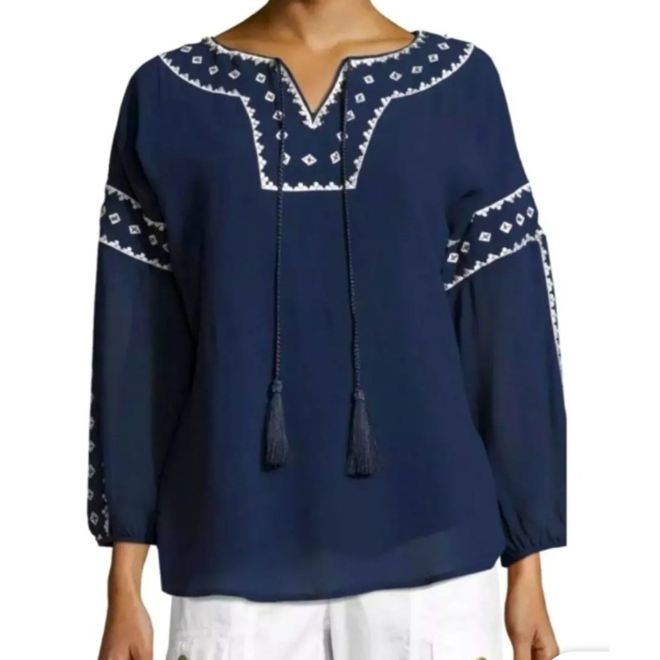 XCVI Navy Sheer Tunic Lace Bead Embellished Tie Neck 3/4 Sleeve Blouse Sz XL