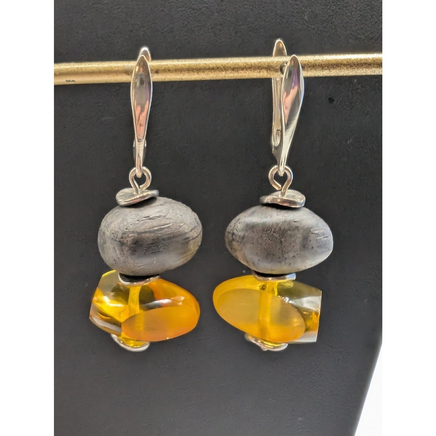 Silver Tone Gold Lucite Wood Bead Dangle Earrings