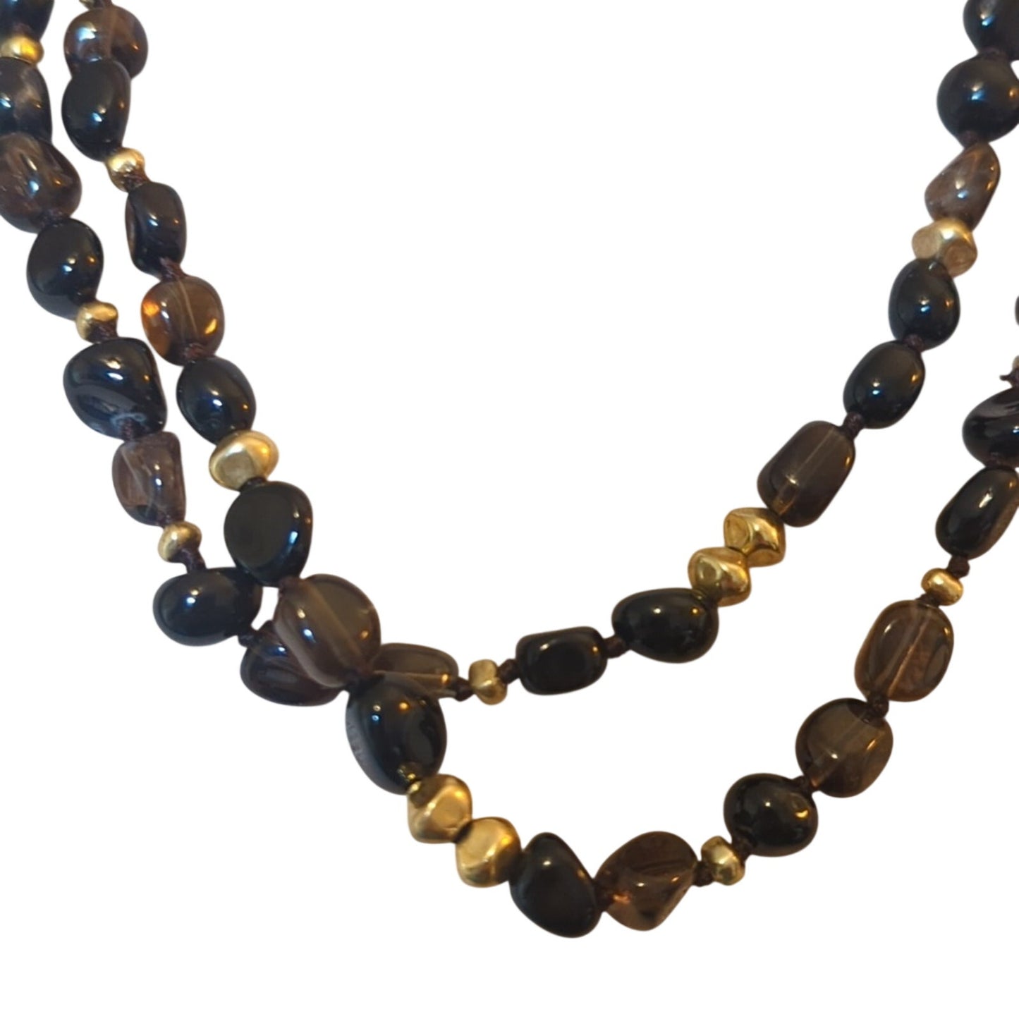Coldwater Creek Smoky Quartz and Agate & Gold Tone Beaded 36" Necklace