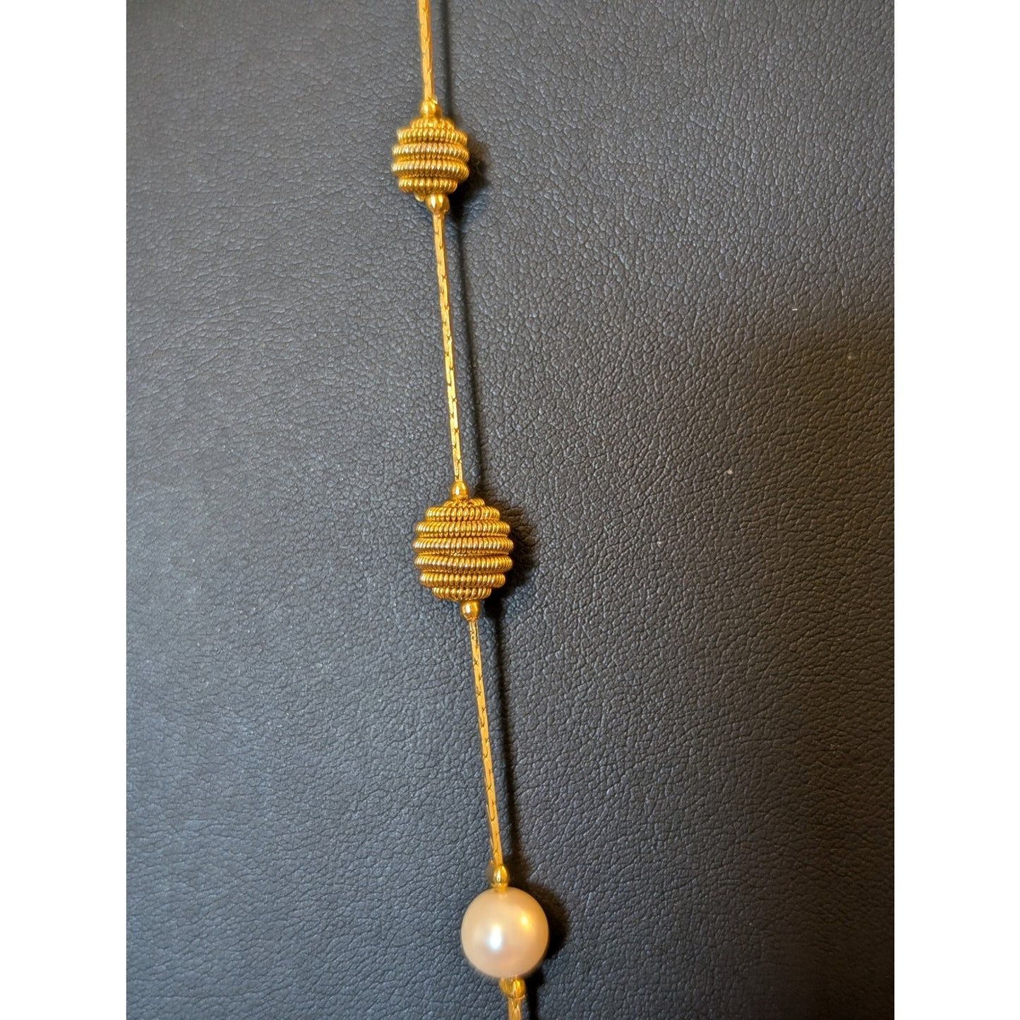 Vtg Trifari Gold Tone Coiled Wire Bead & Faux Pearl Station Long Chain Necklace