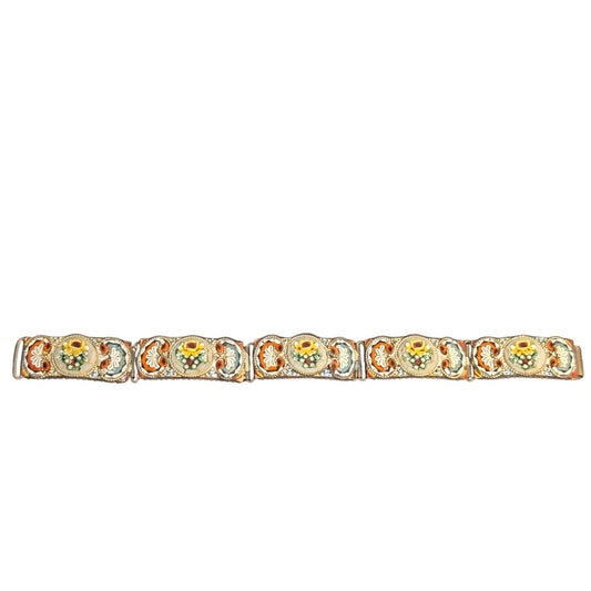 7.5" Antique Italian Micro Mosaic Multi Color Floral Link Hook Clasp Bracelet