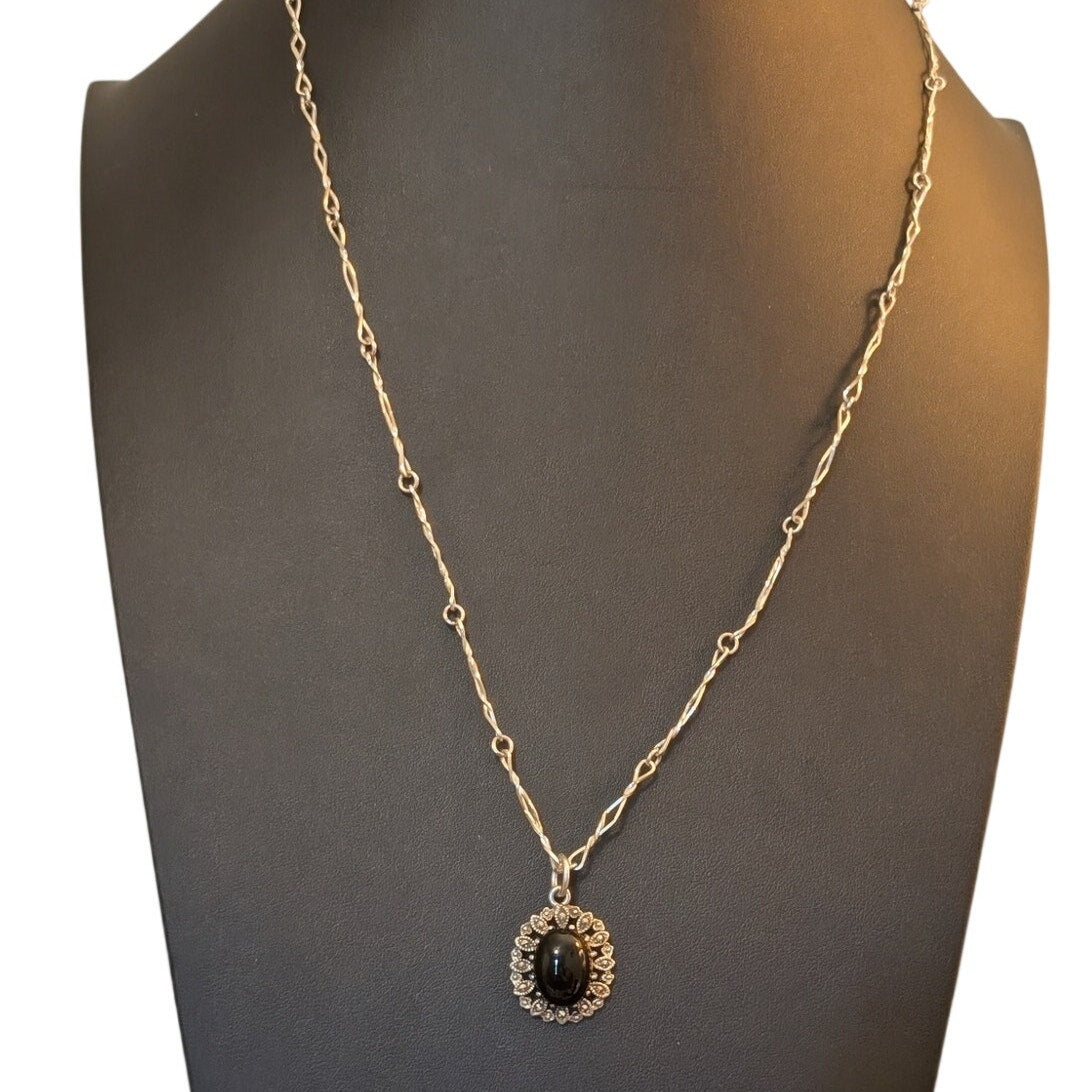 VTG 925 Black Stone Marcasite Flower Pendant on 925 Israel Fancy Chain Necklace