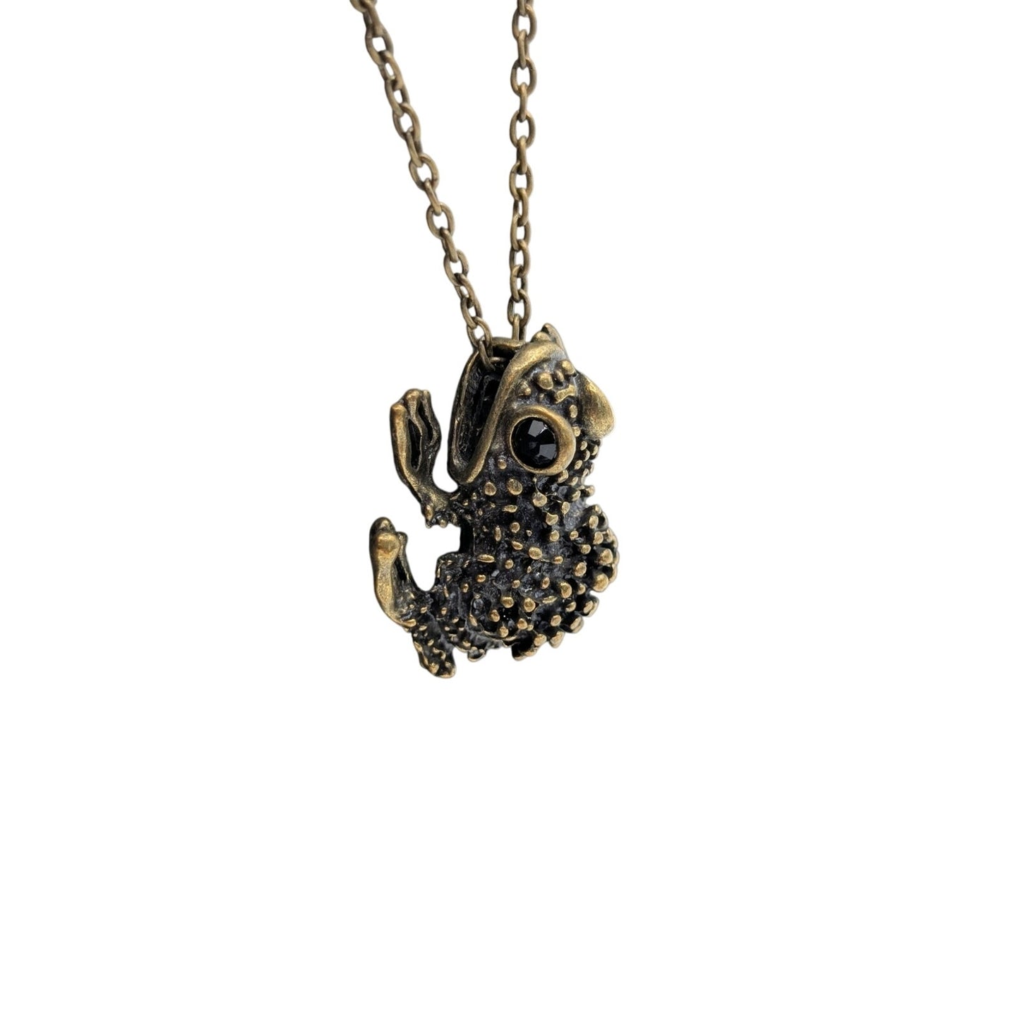 Antiqued Bronze Black Crystal Eye Metal Frog Pendant 30" Chain Necklace