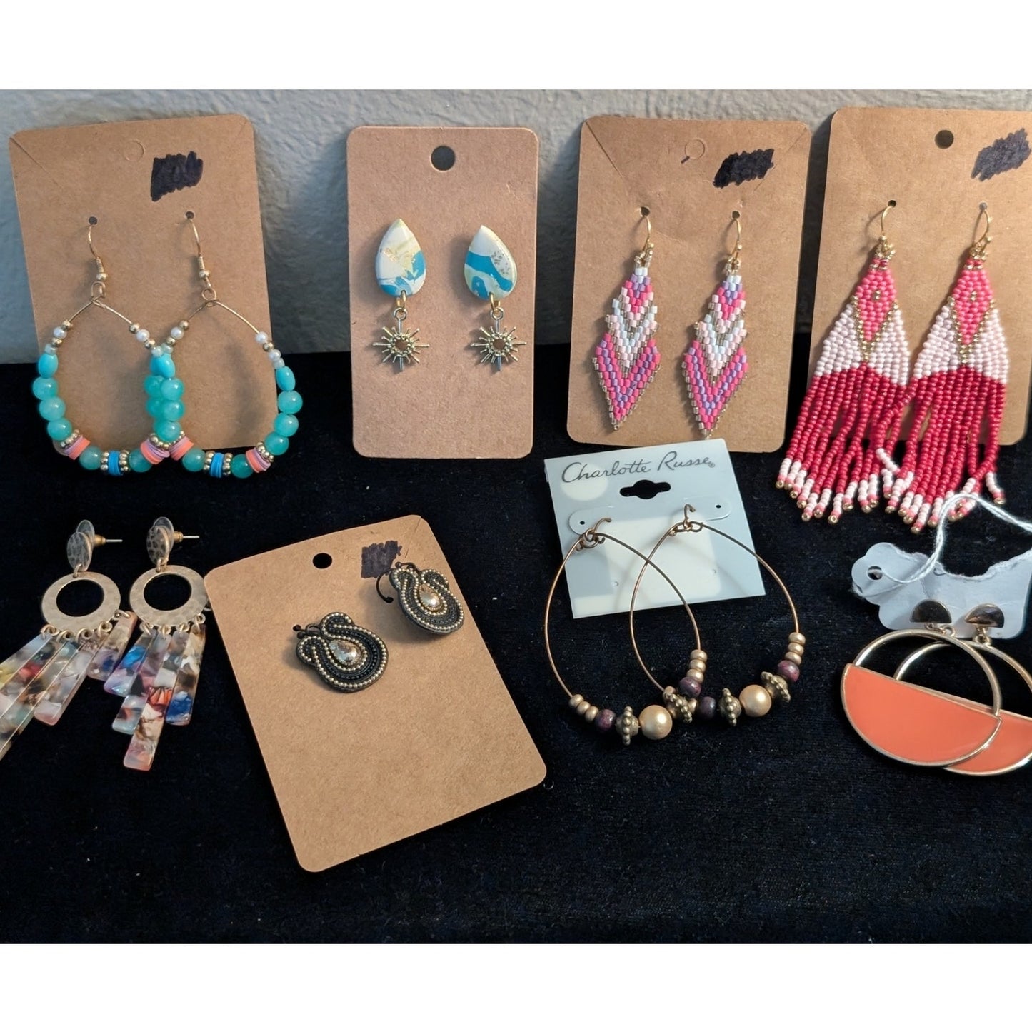 Lot of Eight Pair Boho Beaded Dangle Post Pierced Earrings