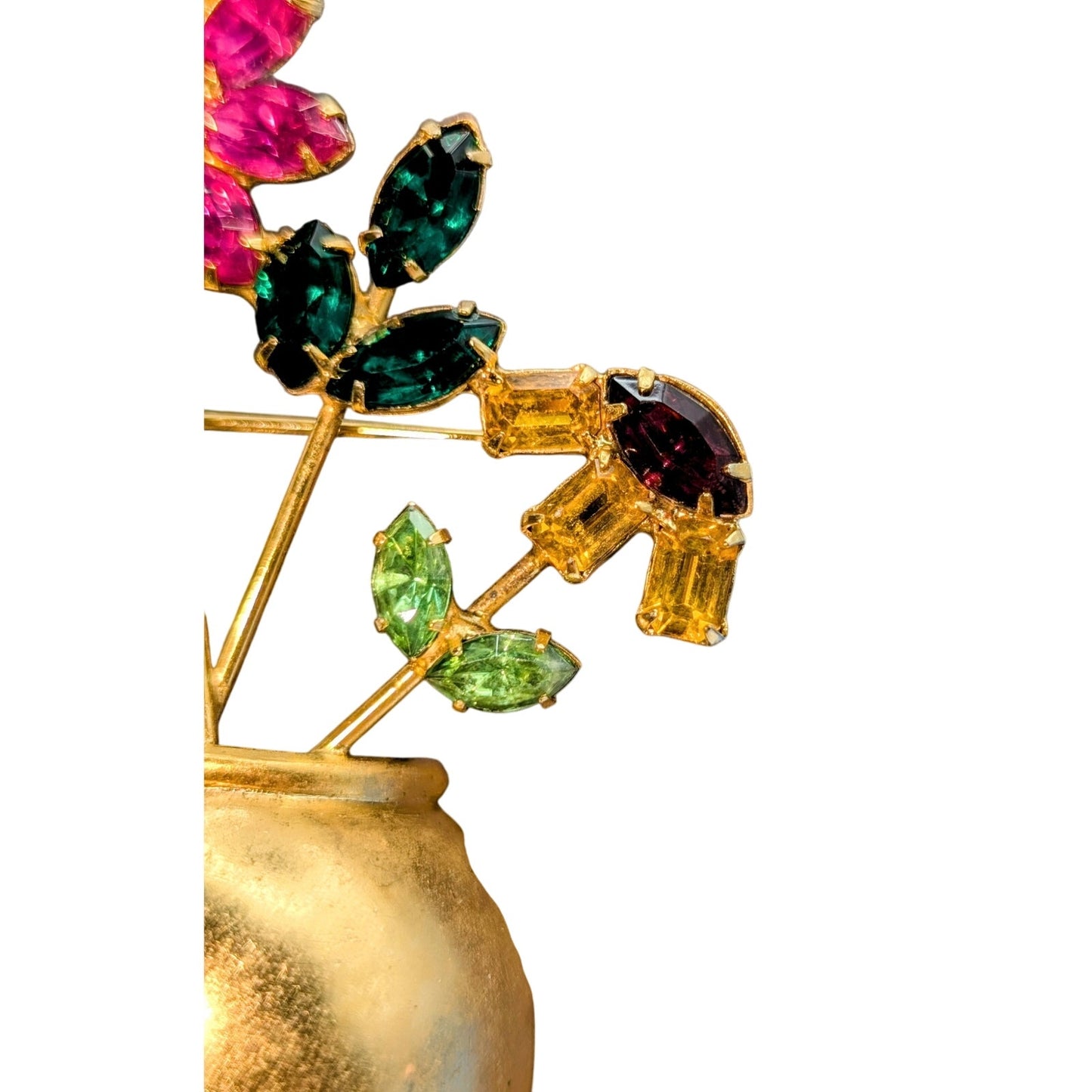 VTG Mid-Century Multi-Color Glass Stone Flowers in Gold Tone Flower Pot Brooch