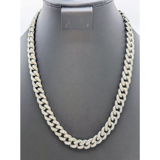 CZ 1/4" Wide Cuban Link Dark Silver Tone Metal Hip Hop Look 22" Long Necklace
