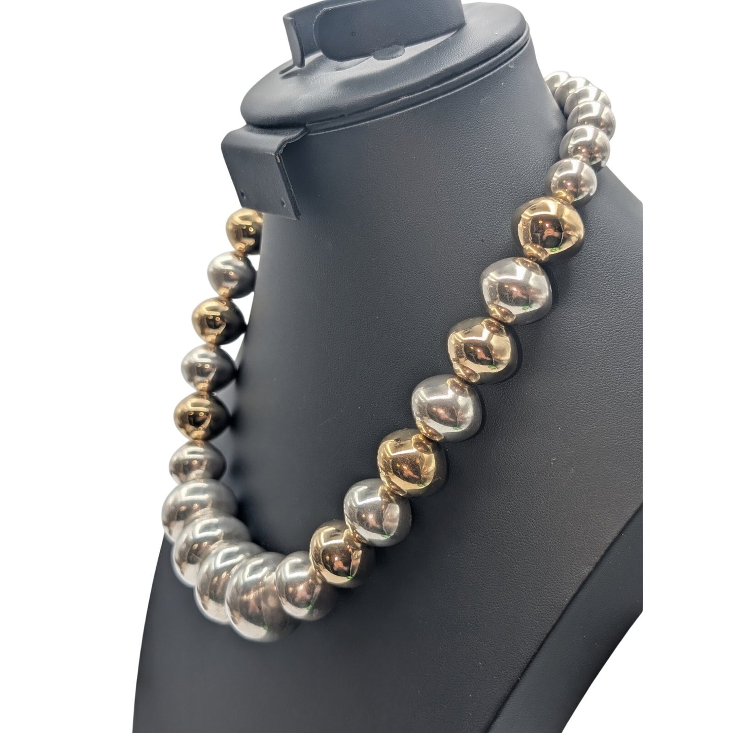 Vintage Chunky Silver & Gold Tone Heavy Beaded Barrel Clasp 21.5" Necklace