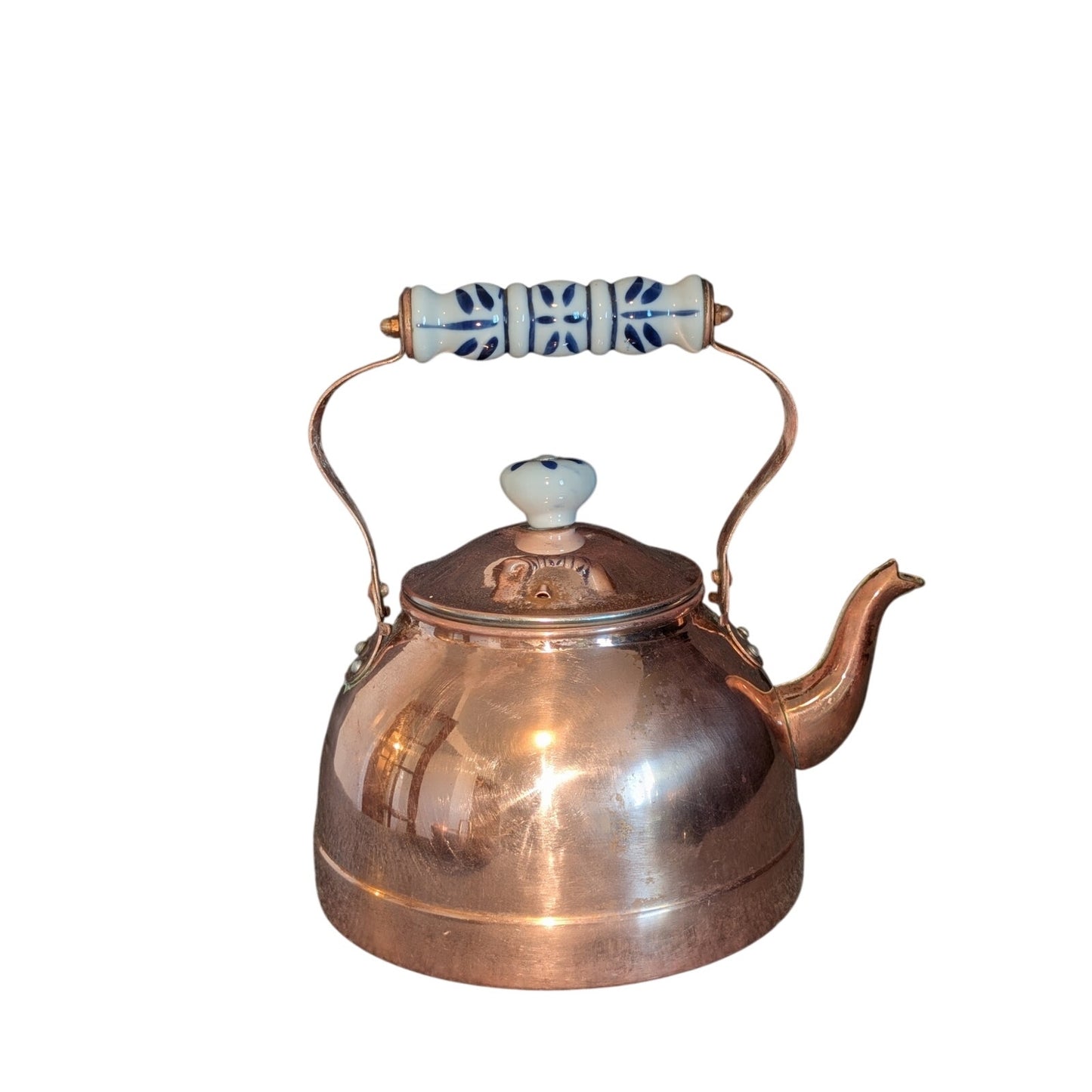 Vintage Antique Copper Tea Kettle W/ Blue White Ceramic Handle & Lid