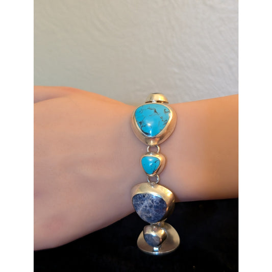 Taxco Signed TZ-17 Mexico 925 Sterling Chunky Twosie Four Stone Link Bracelet