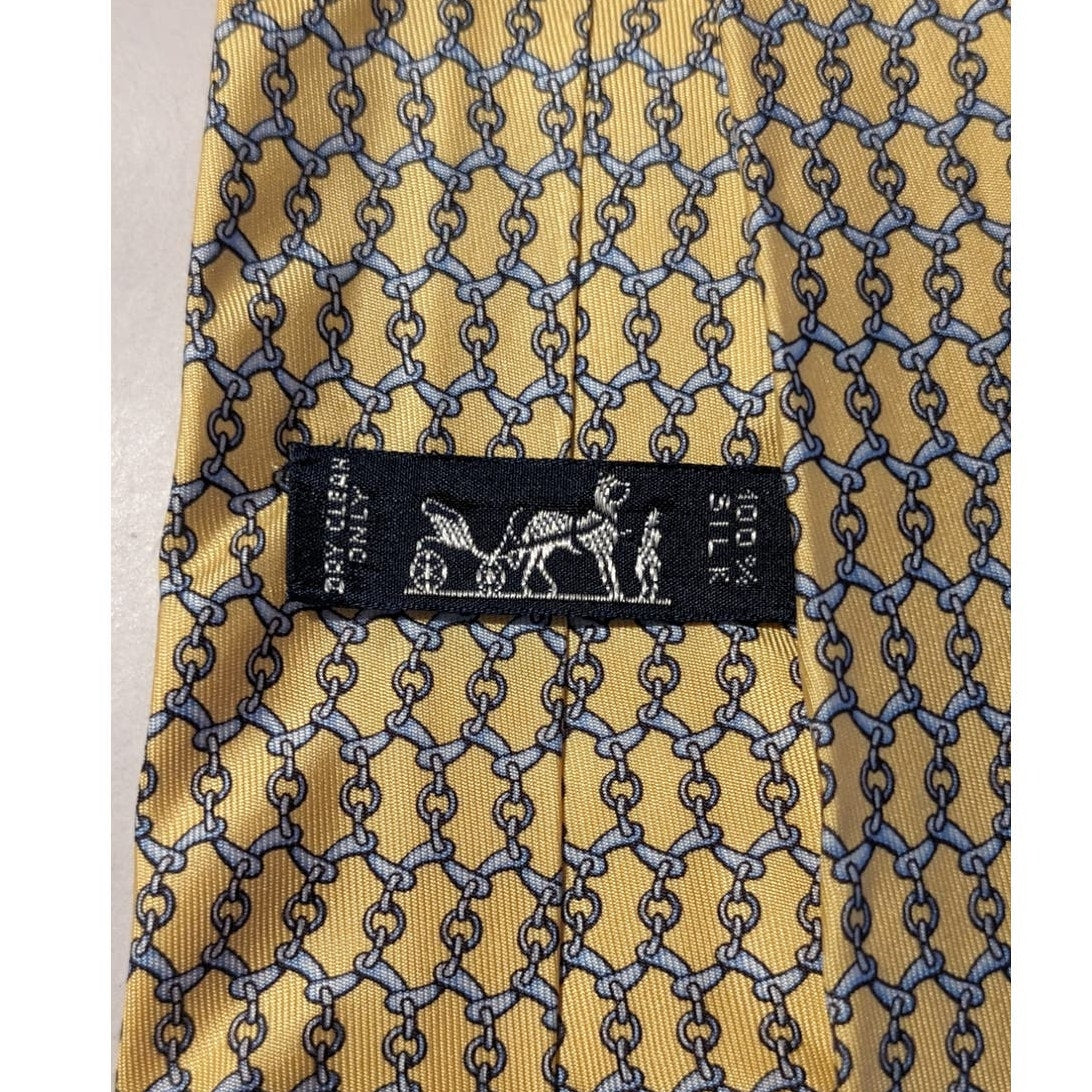 Hermes Paris Vintage 100% Silk Yellow Light Blue Chain Link Design Neck Tie