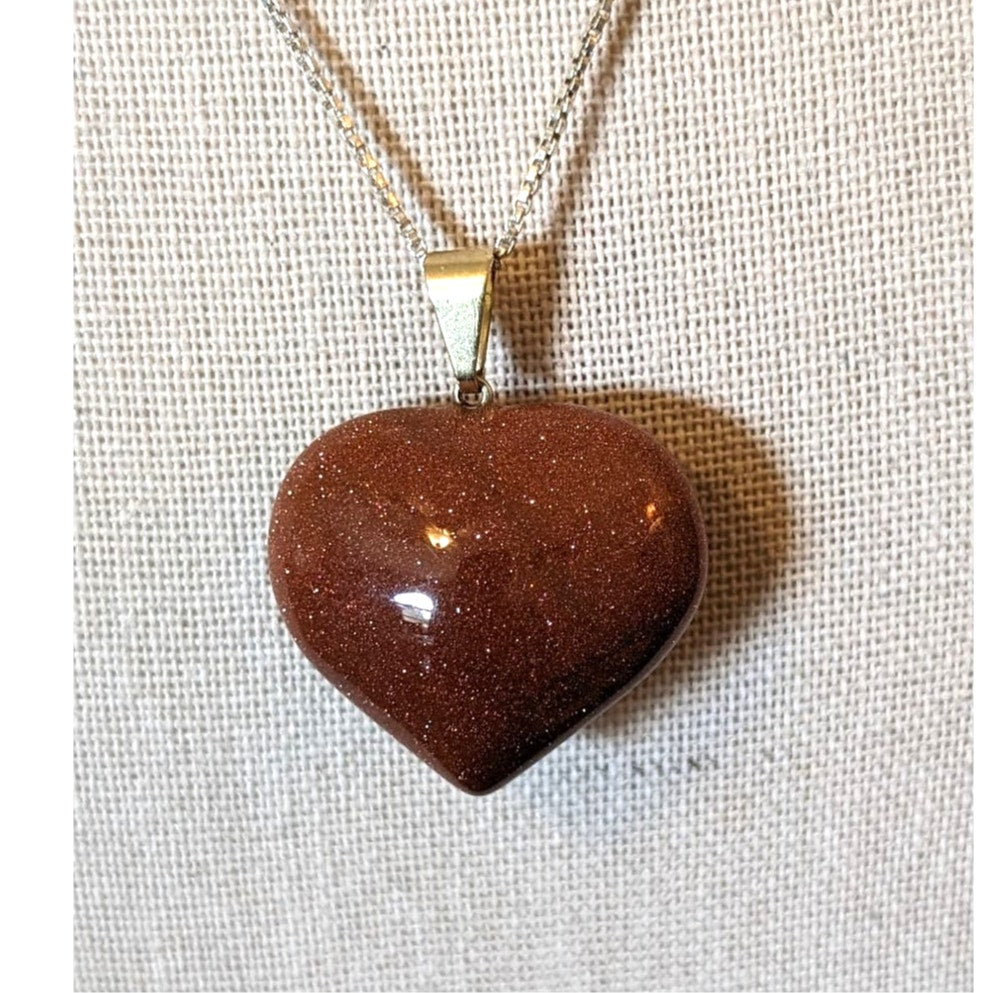 Red Goldstone Heart Pendant On a Vintage 925 Italy 16.5" Box Chain