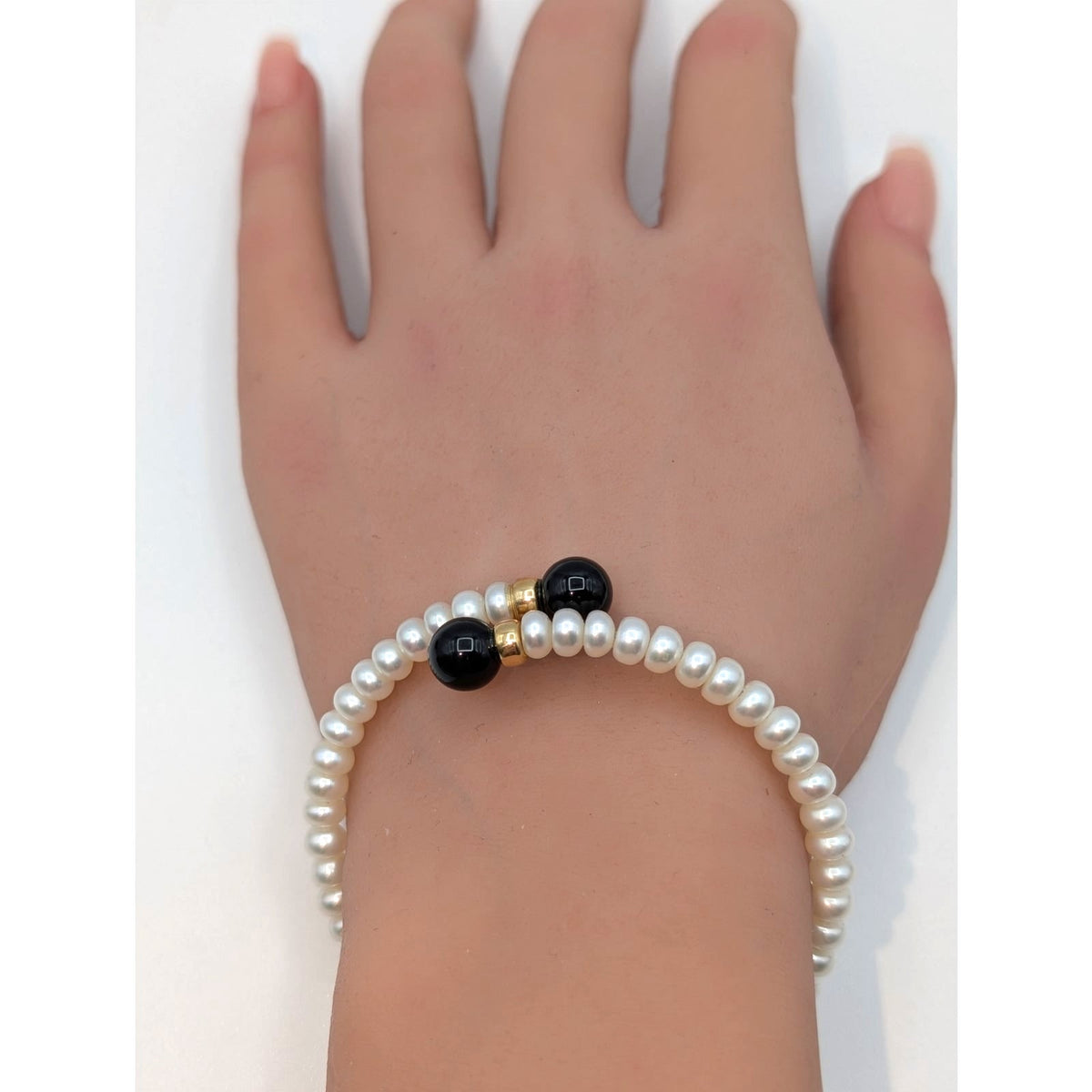 Freshwater Pearl Black Onyx End 14K Gold Accent Beaded Wire Wrap Bracelet