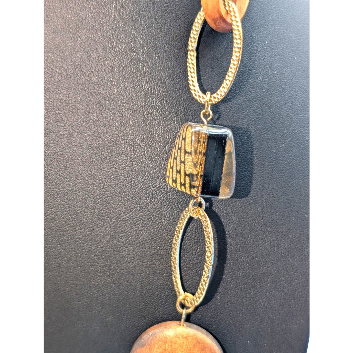 Vintage Thick Sparkle Gold 'Brick' Lucite Wooden Disk Gold Tone Chain Necklace