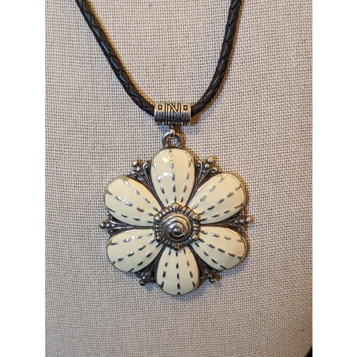 BRIGHTON Retired Rare Cream Enamel Flower Pendant Braided Leather Necklace