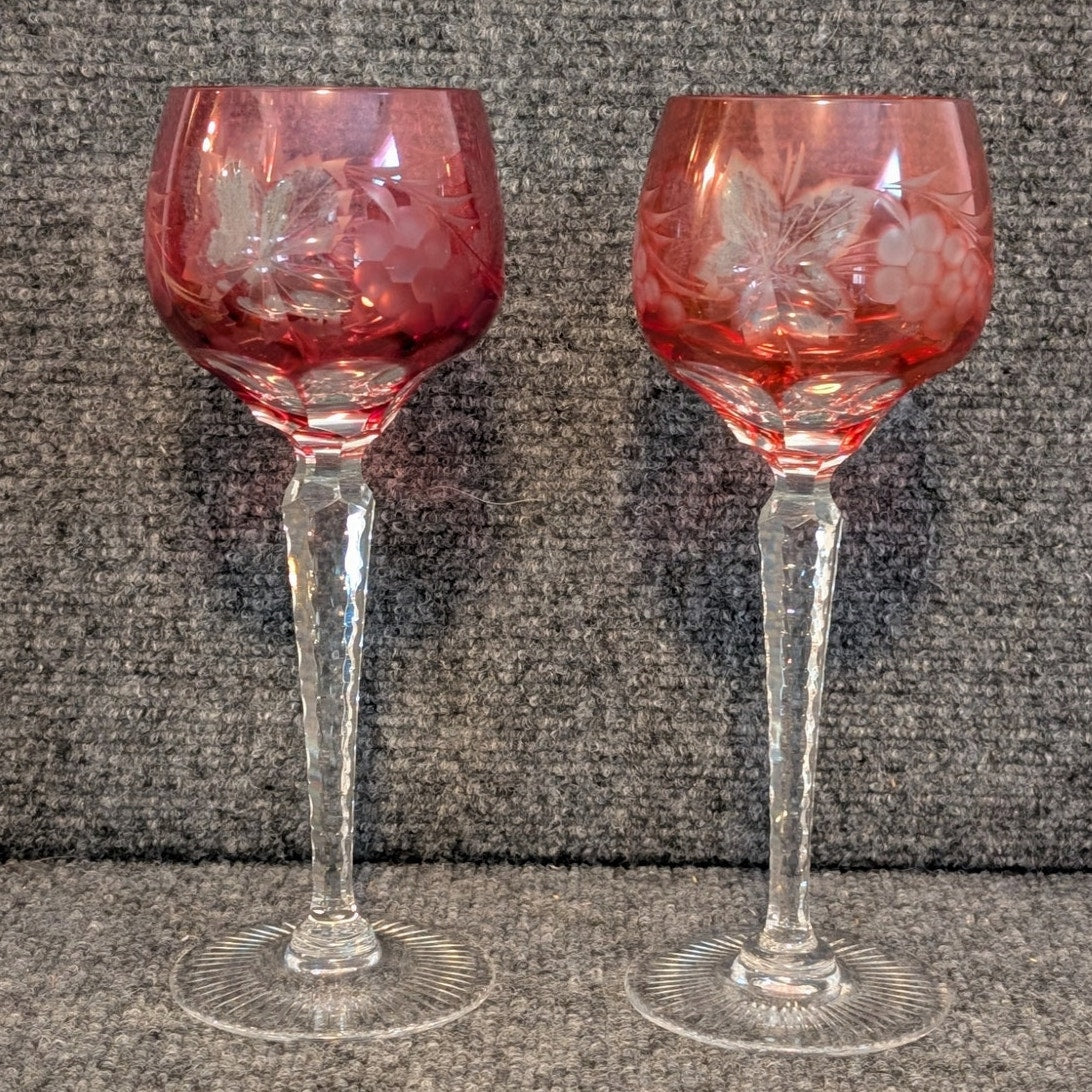 Vtg Two Czech Bohemian Red Cut to Clear Crystal Grapes Design Wine Stem Goblets