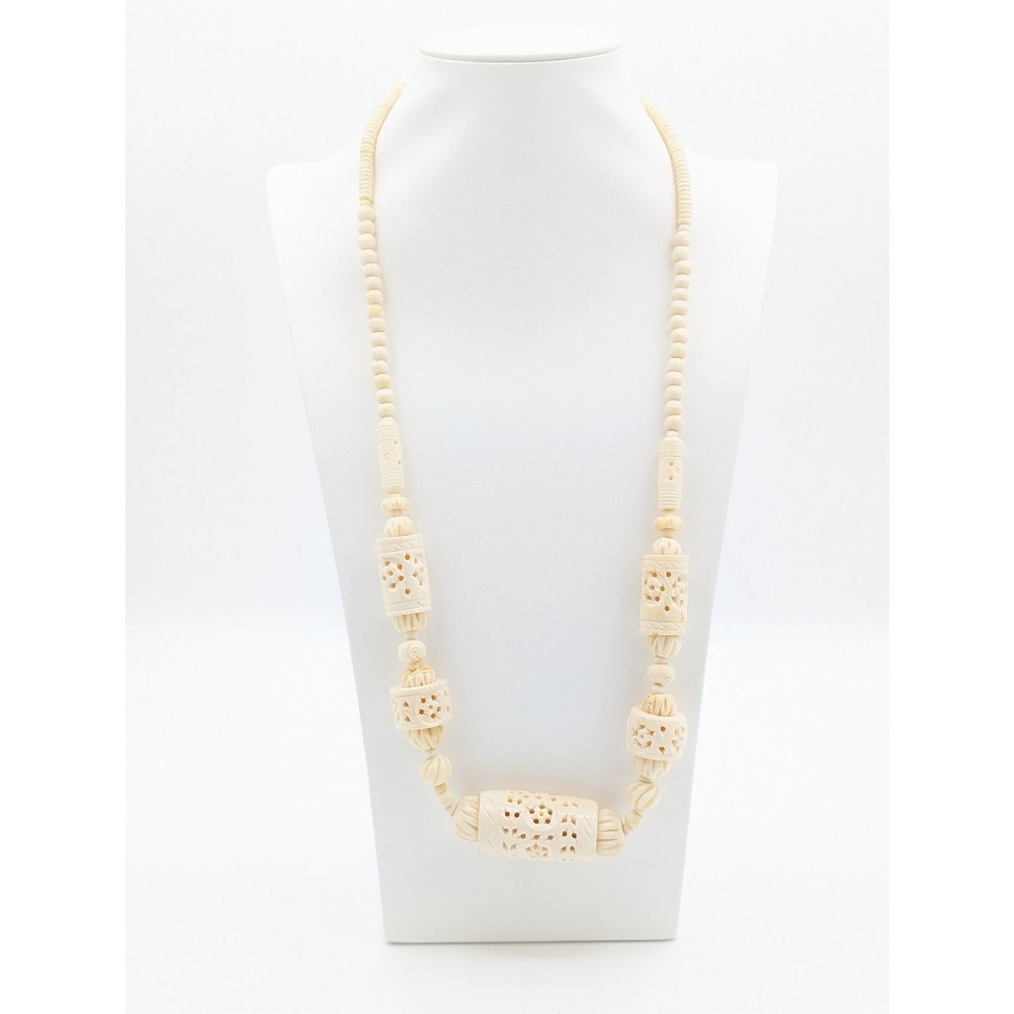 Antique Cream Hand Carved Pierced Bead Barrel Clasp 26" Necklace